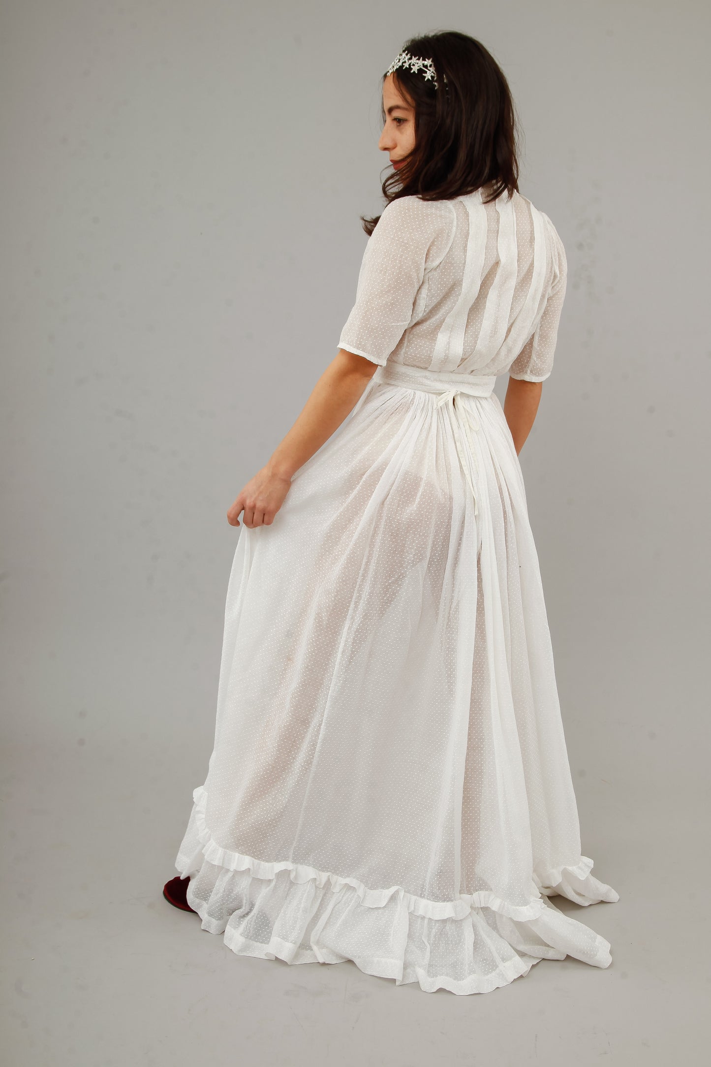 Antique Delicate Cotton Muslin Dotted White Ensemble