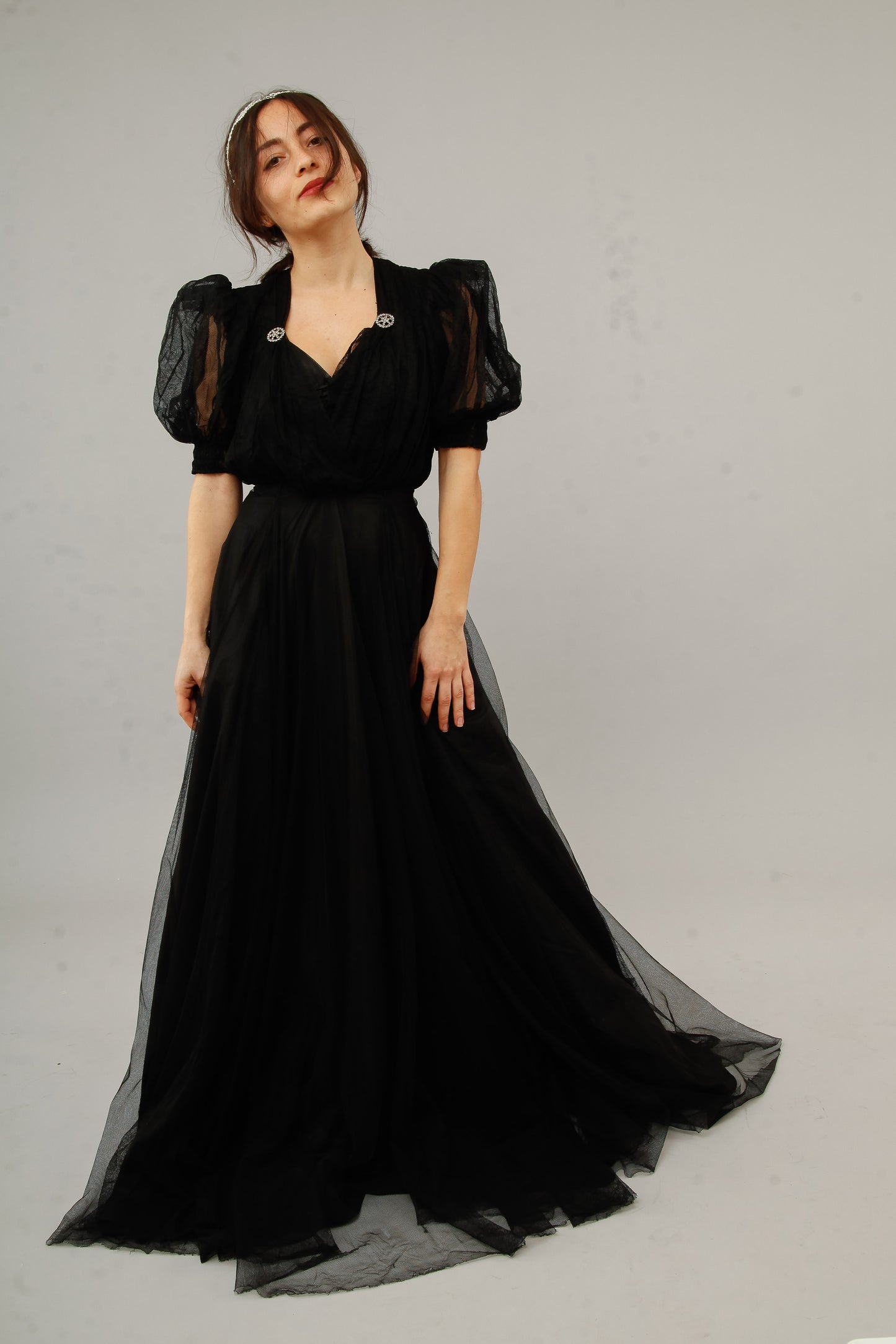 1940 Amazing Black Net Evening Gown
