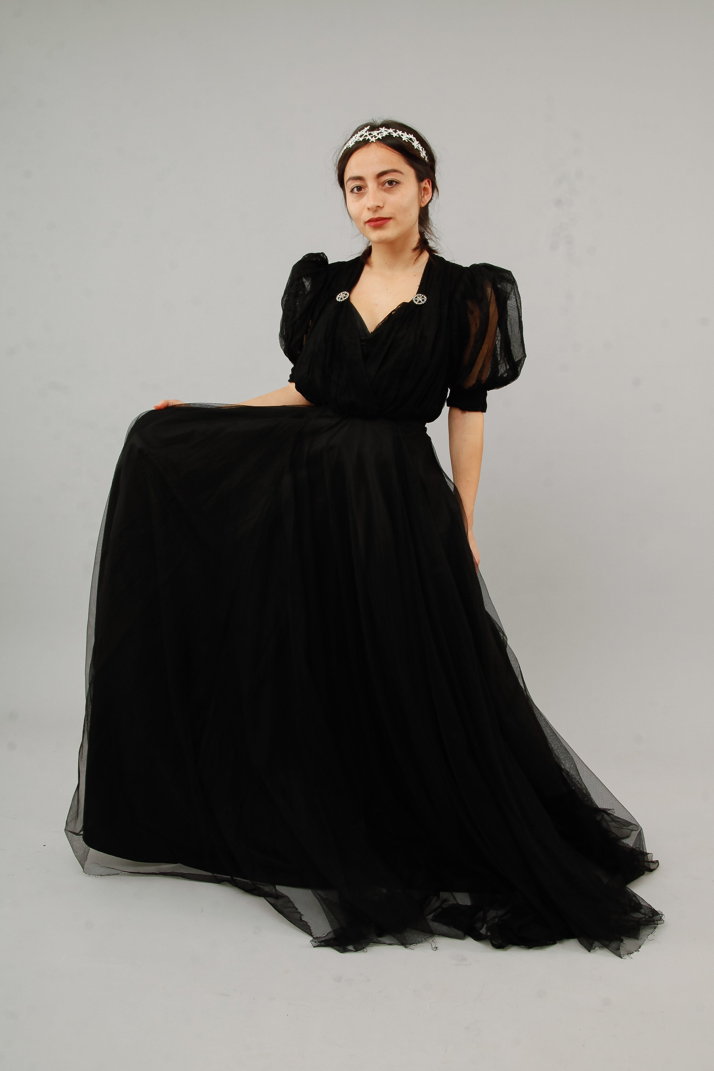 1940 Amazing Black Net Evening Gown