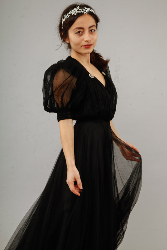 1940 Amazing Black Net Evening Gown