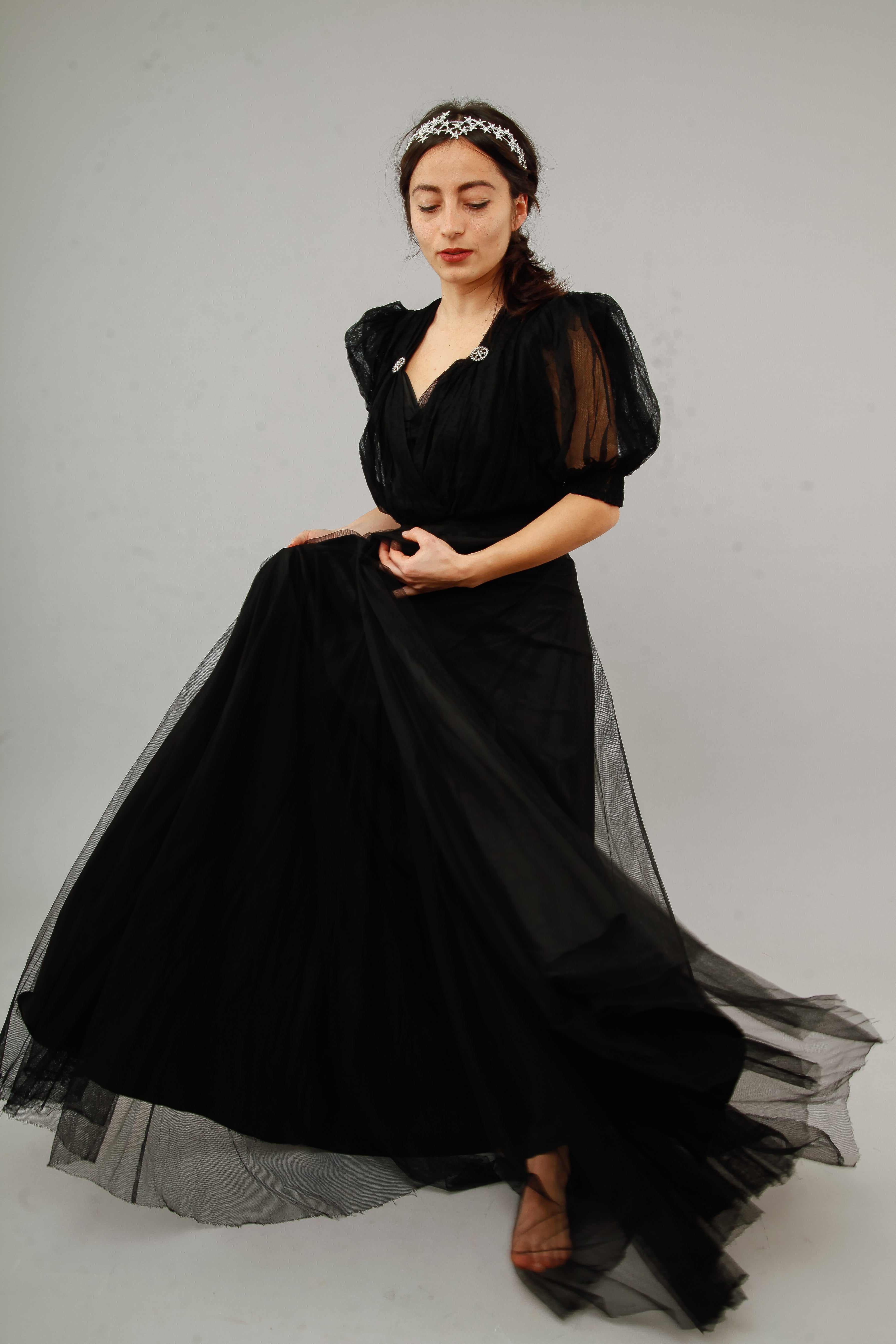 1940 Amazing Black Net Evening Gown