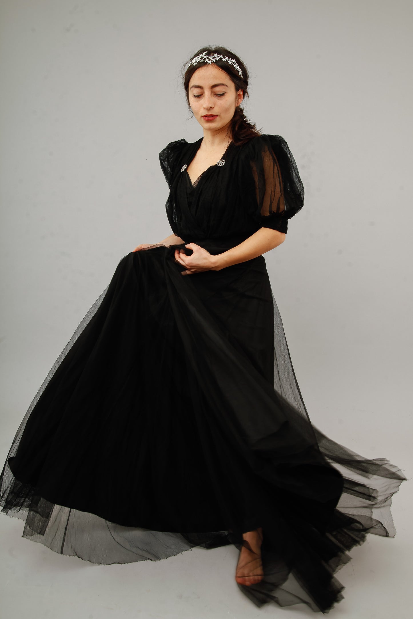 1940 Amazing Black Net Evening Gown