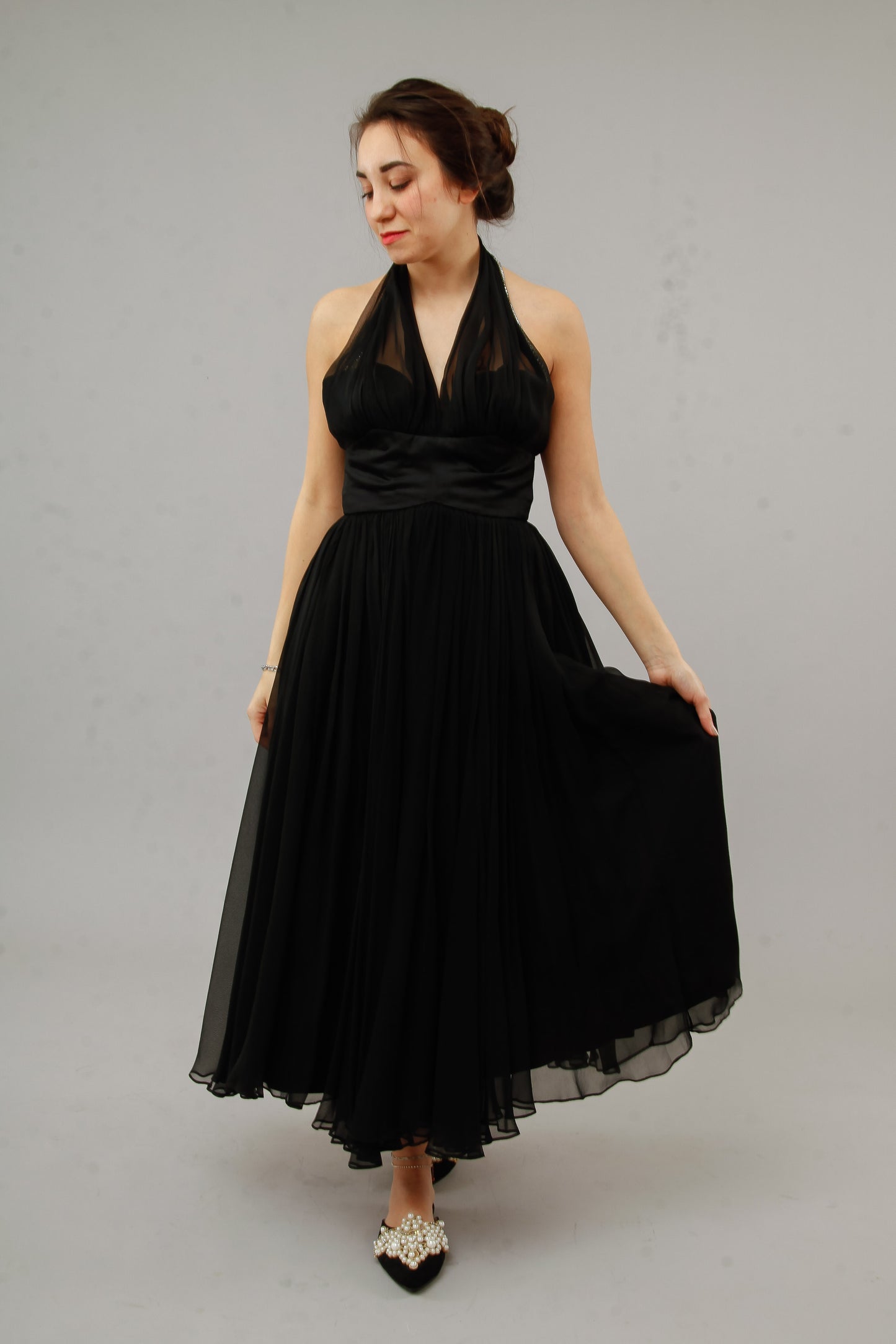 1950 Silk Chiffon Halter Cocktail Dress with Rhinestones Accents