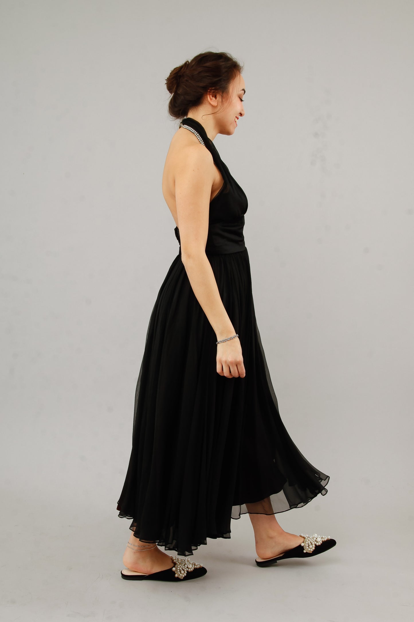 1950 Silk Chiffon Halter Cocktail Dress with Rhinestones Accents