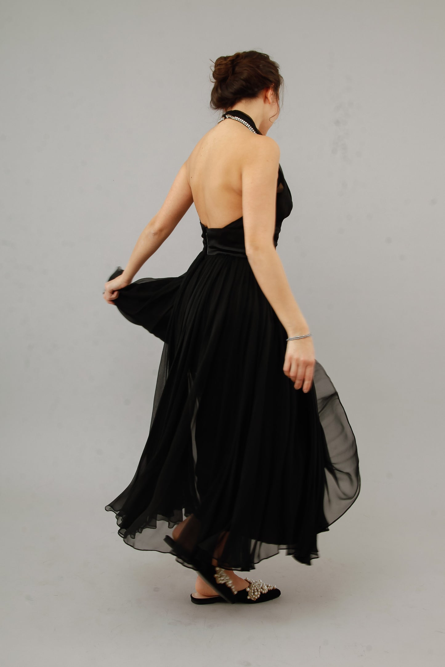 1950 Silk Chiffon Halter Cocktail Dress with Rhinestones Accents