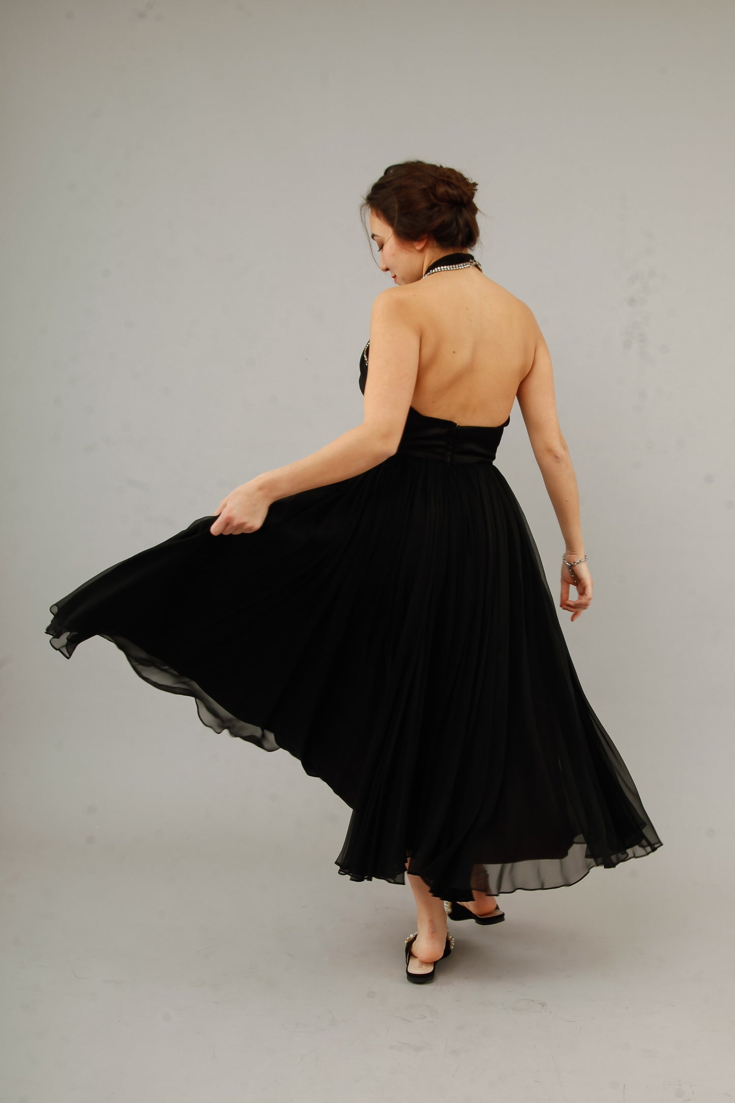 1950 Silk Chiffon Halter Cocktail Dress with Rhinestones Accents