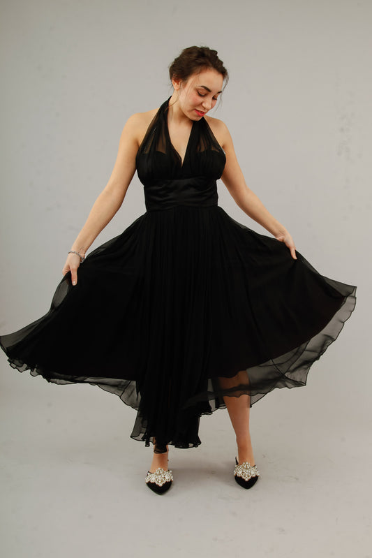 1950 Silk Chiffon Halter Cocktail Dress with Rhinestones Accents