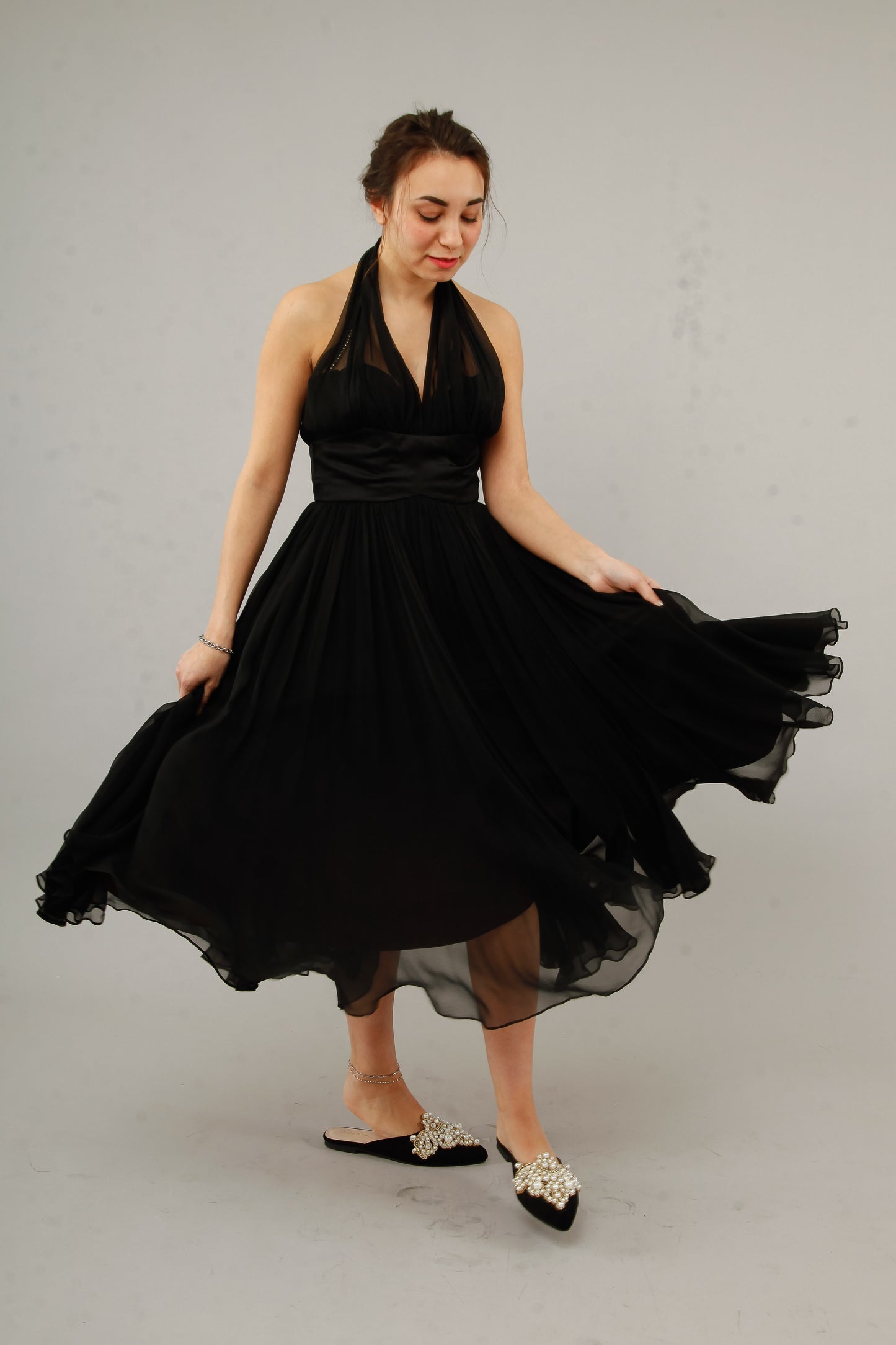1950 Silk Chiffon Halter Cocktail Dress with Rhinestones Accents