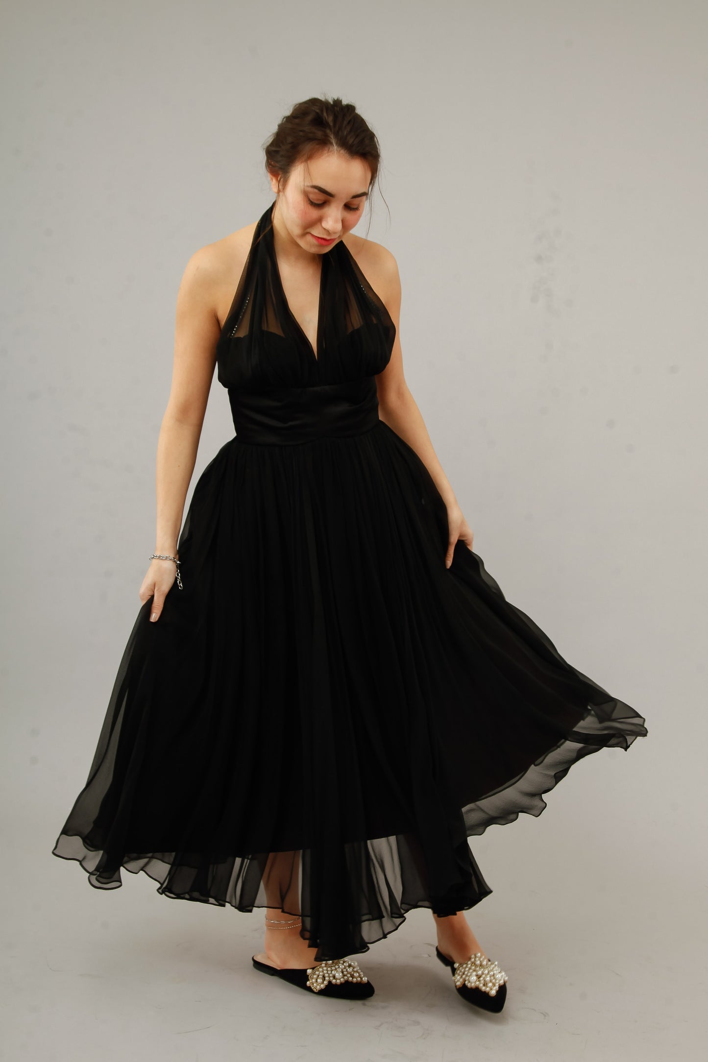 1950 Silk Chiffon Halter Cocktail Dress with Rhinestones Accents