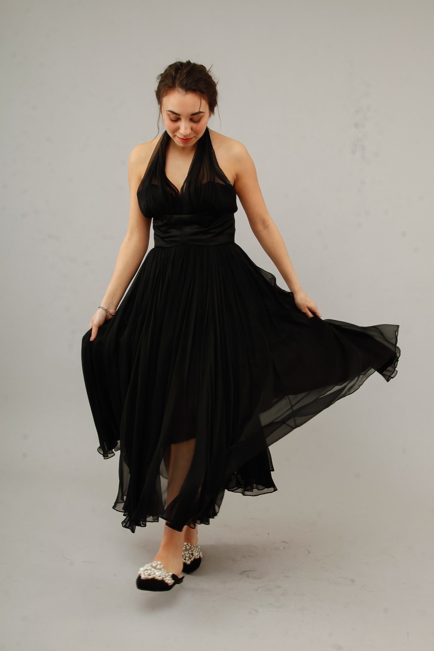 1950 Silk Chiffon Halter Cocktail Dress with Rhinestones Accents