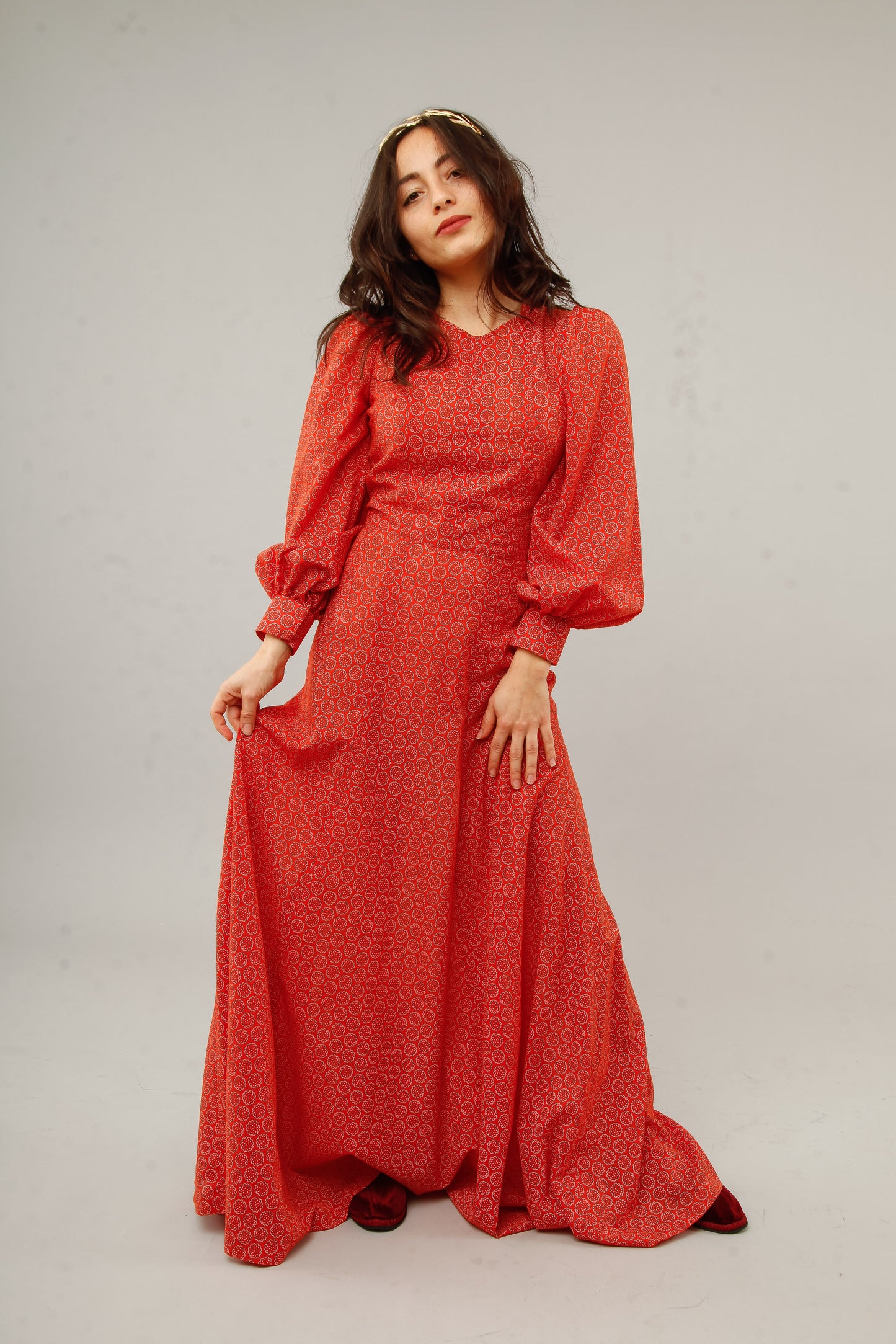 1970 Floral Cotton Prairie Red Maxi Dress