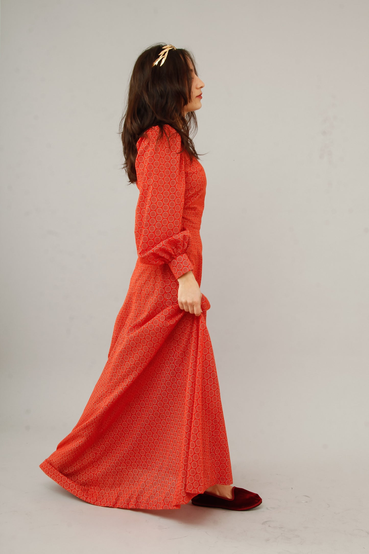 1970 Floral Cotton Prairie Red Maxi Dress