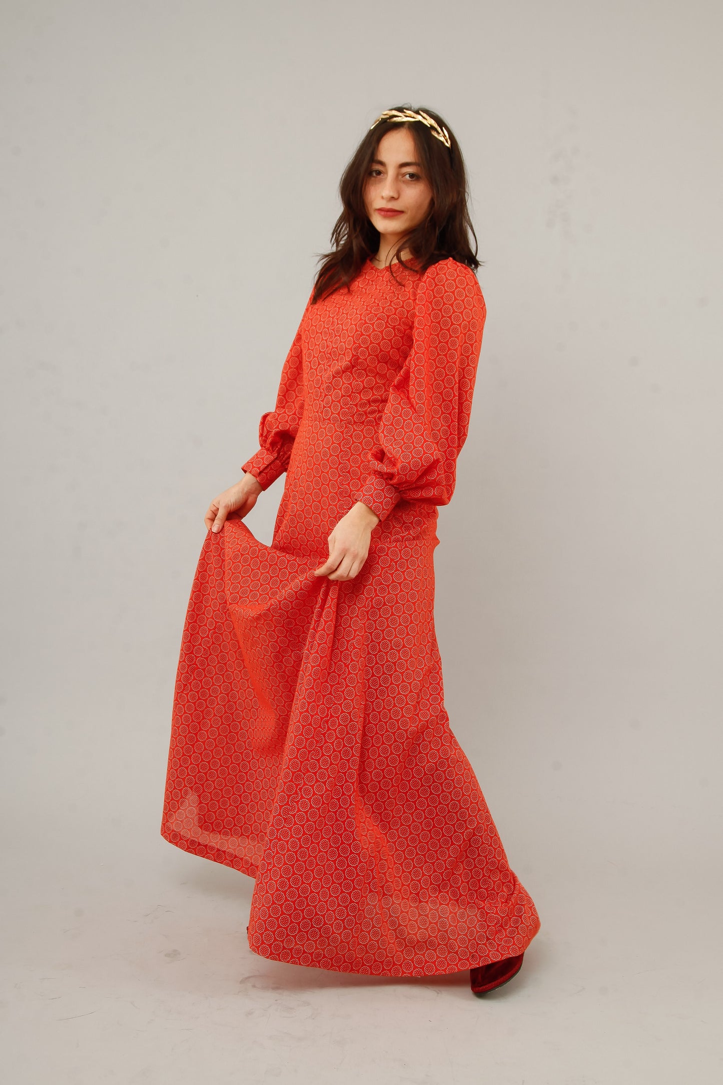 1970 Floral Cotton Prairie Red Maxi Dress