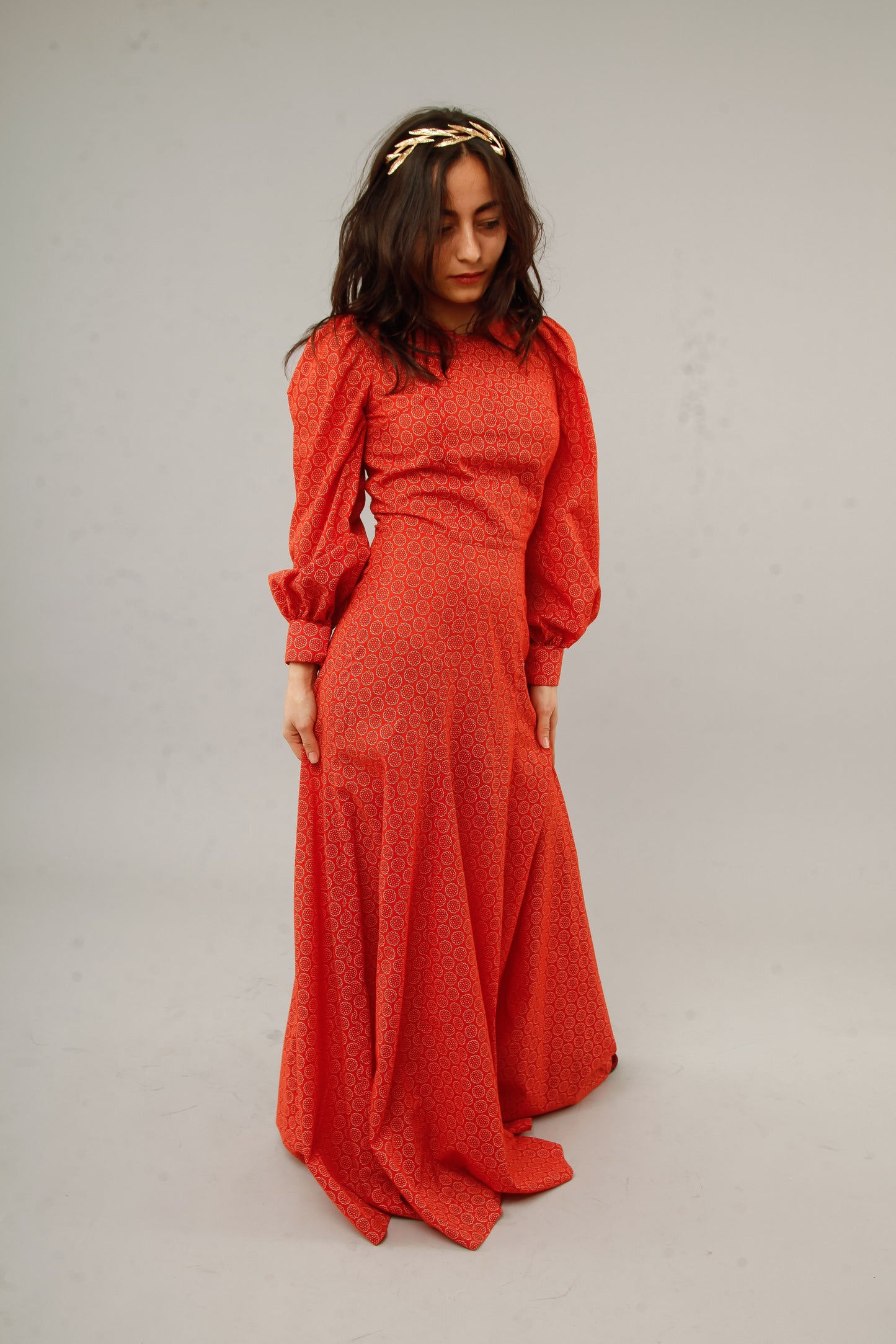 1970 Floral Cotton Prairie Red Maxi Dress