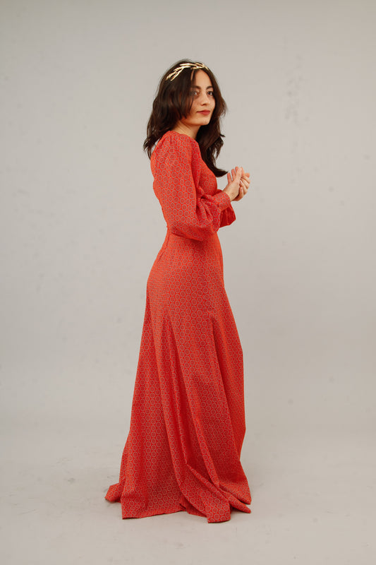 1970 Floral Cotton Prairie Red Maxi Dress