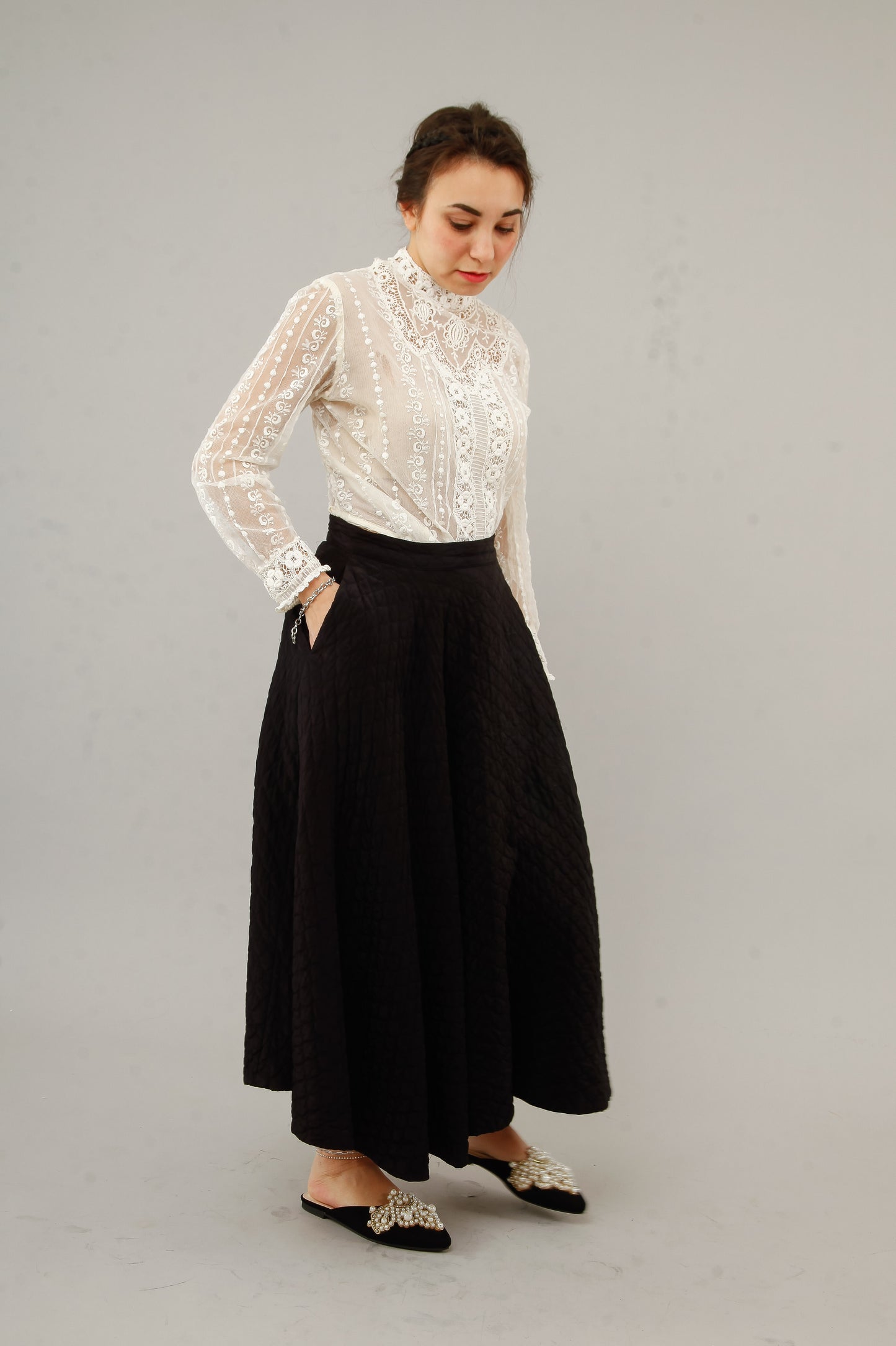 1950 Black  Silk Quilted Cirlcle Skirt