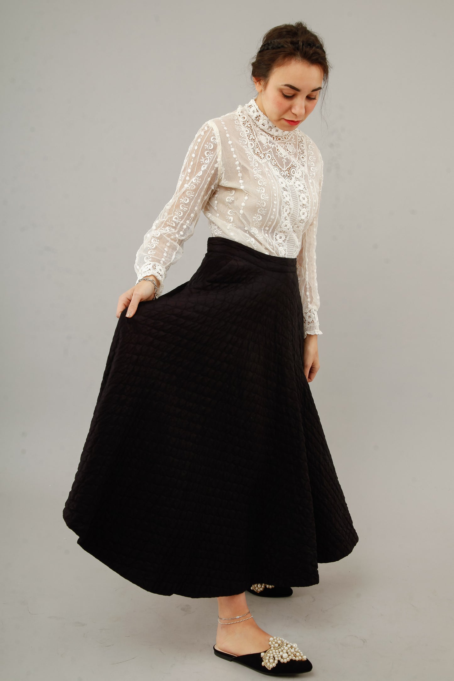1950 Black  Silk Quilted Cirlcle Skirt