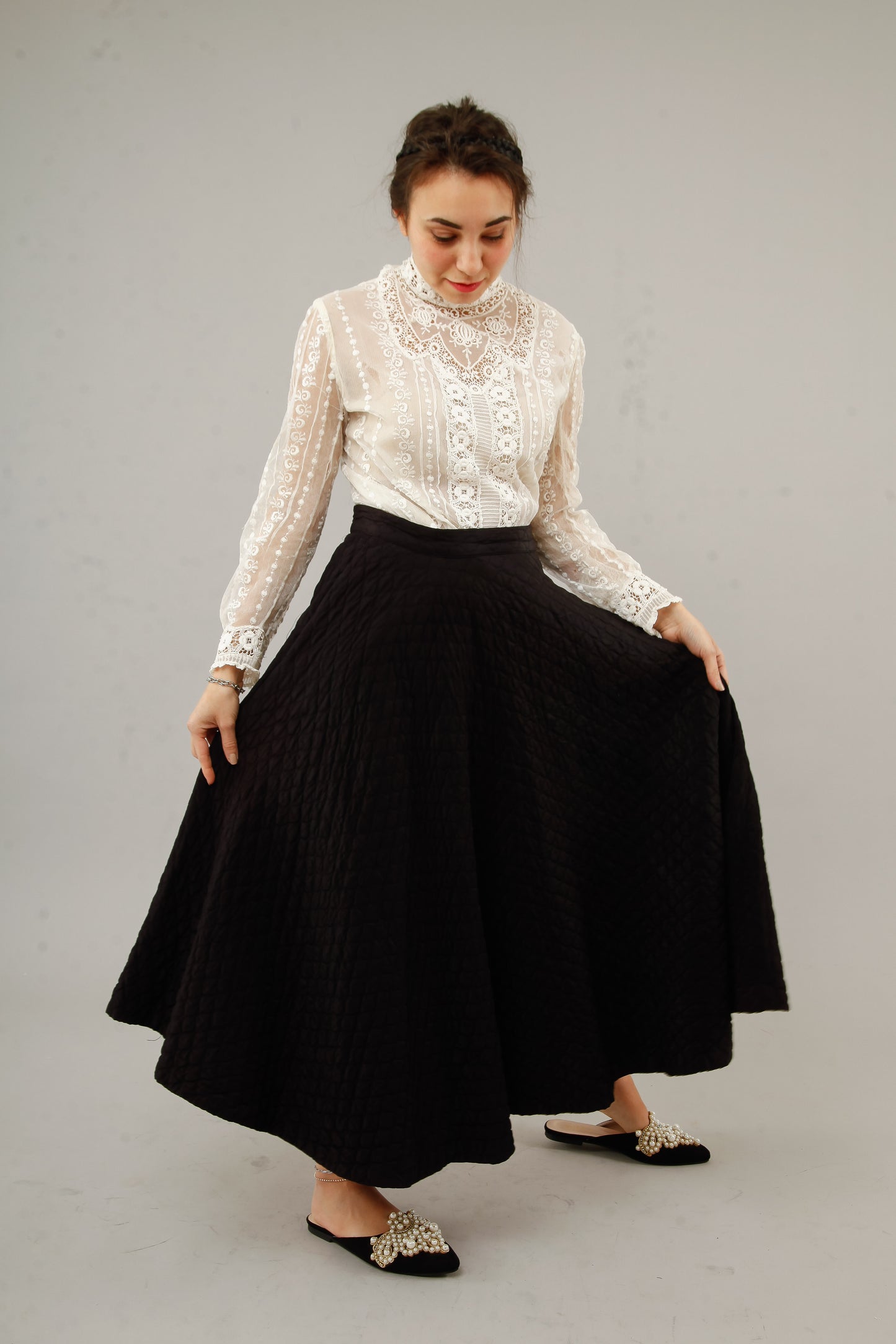 1950 Black  Silk Quilted Cirlcle Skirt