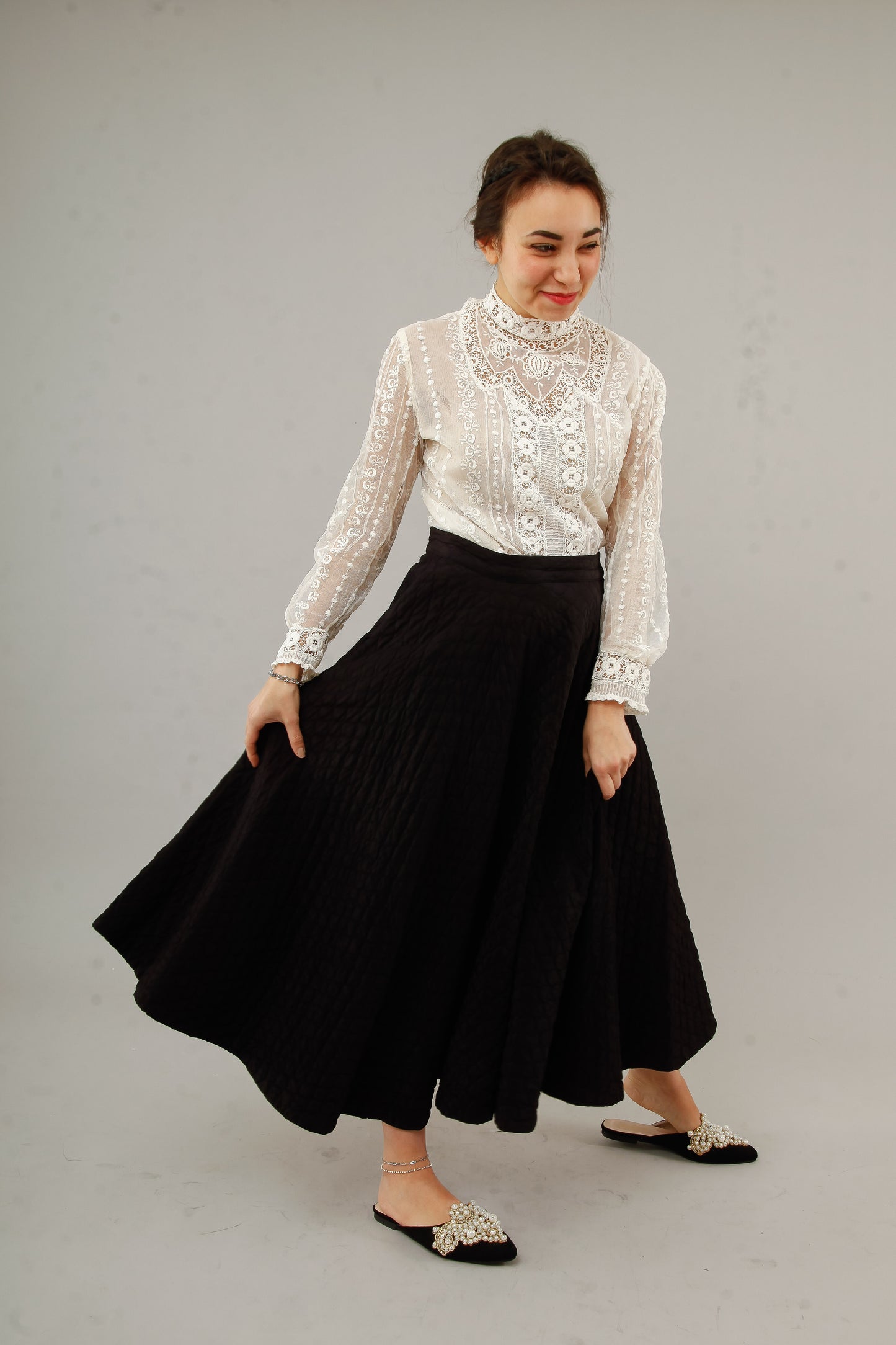 1950 Black  Silk Quilted Cirlcle Skirt