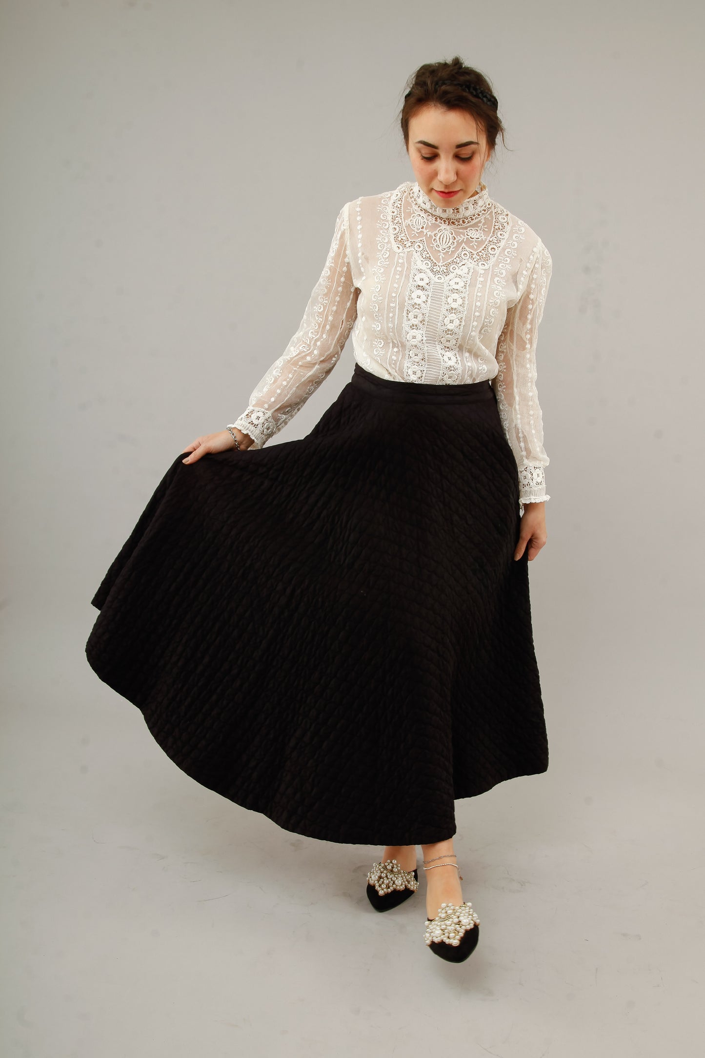 1950 Black  Silk Quilted Cirlcle Skirt