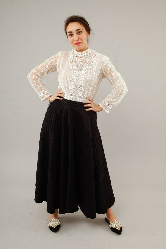 1950 Black  Silk Quilted Cirlcle Skirt