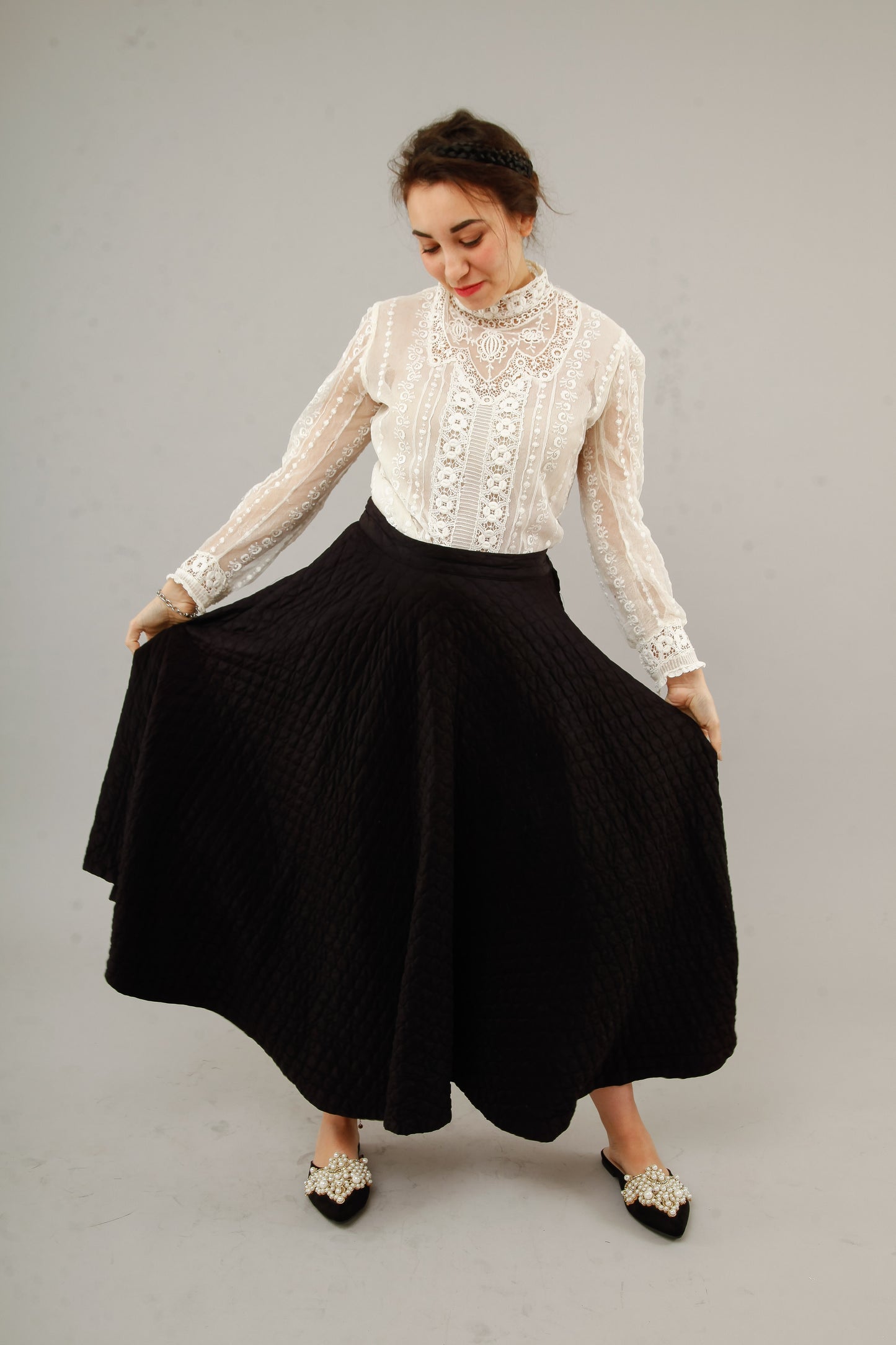 1950 Black  Silk Quilted Cirlcle Skirt
