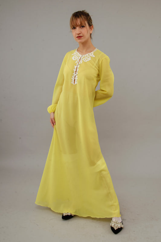 1970 Bright Yellow Nylon Caftan with Silk Details