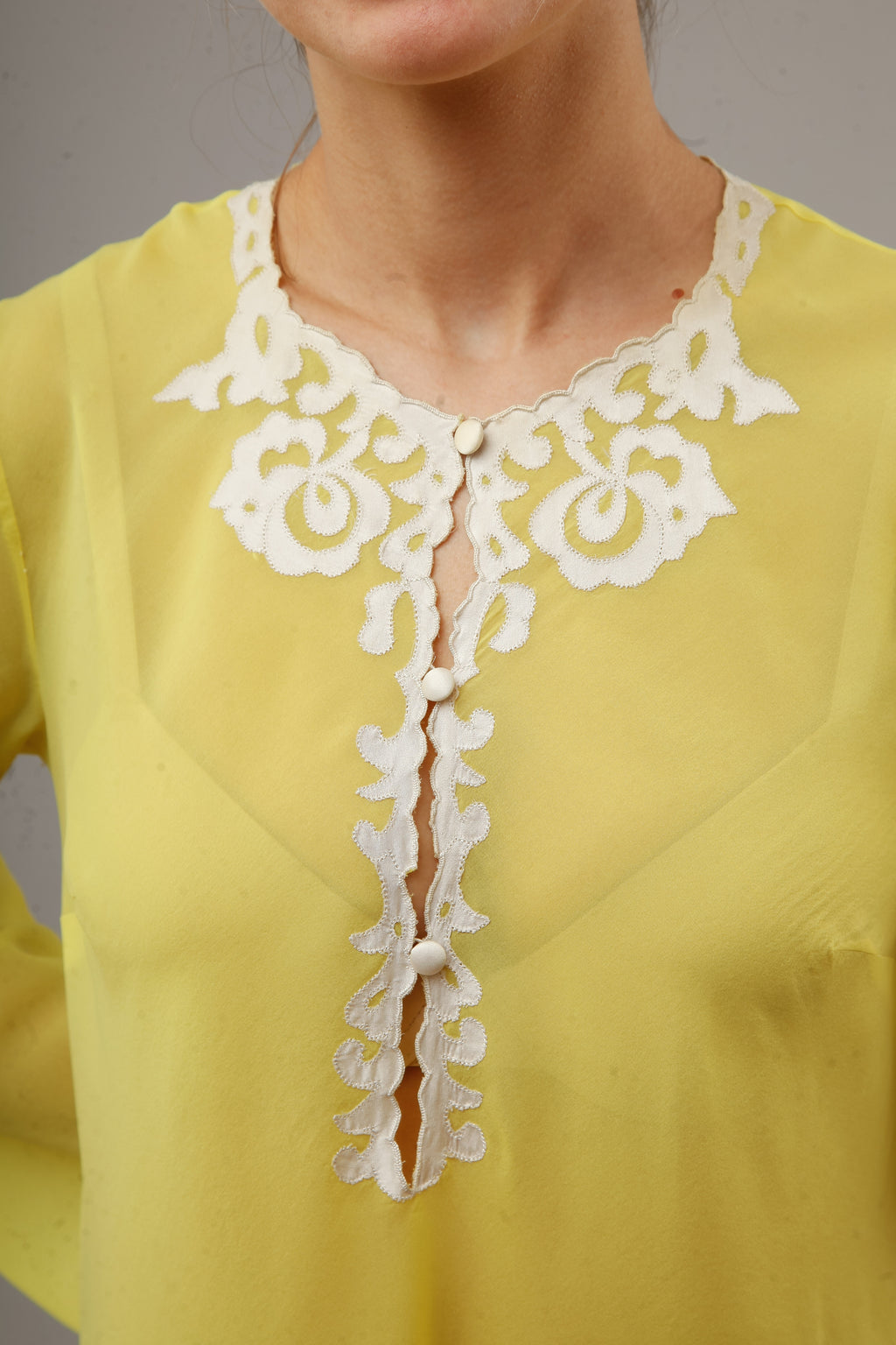 1970 Bright Yellow Nylon Caftan with Silk Details