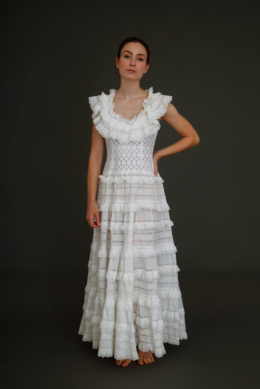 1970 Broderie Anglais White Ruffles Maxi Dress