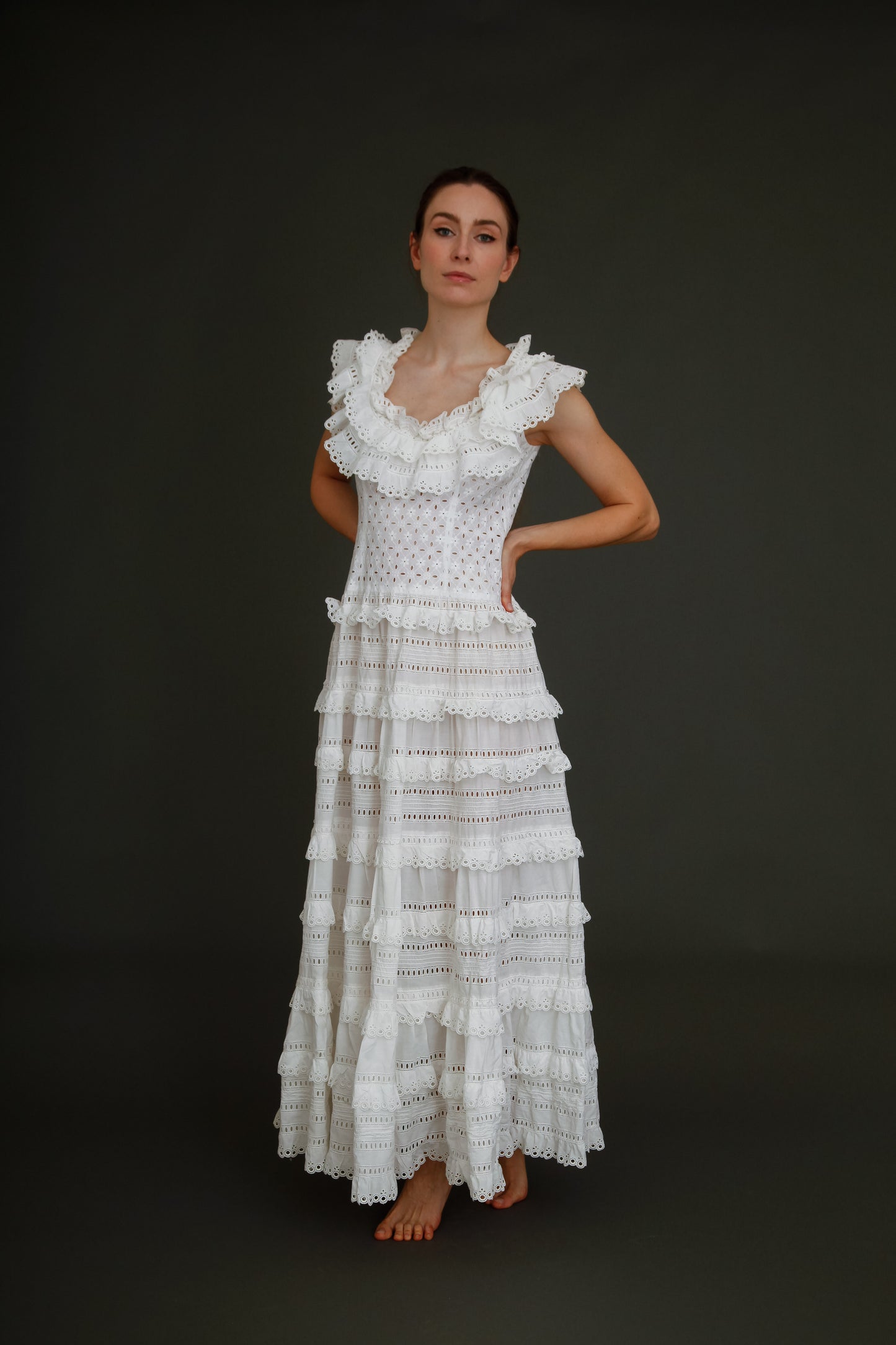 1970 Broderie Anglais White Ruffles Maxi Dress