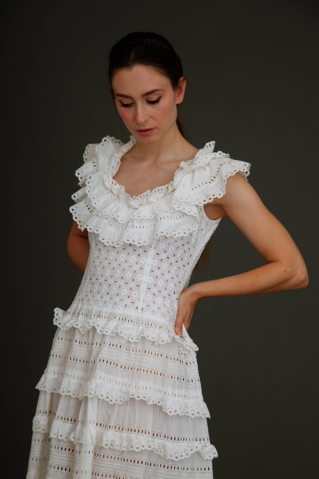 1970 Broderie Anglais White Ruffles Maxi Dress