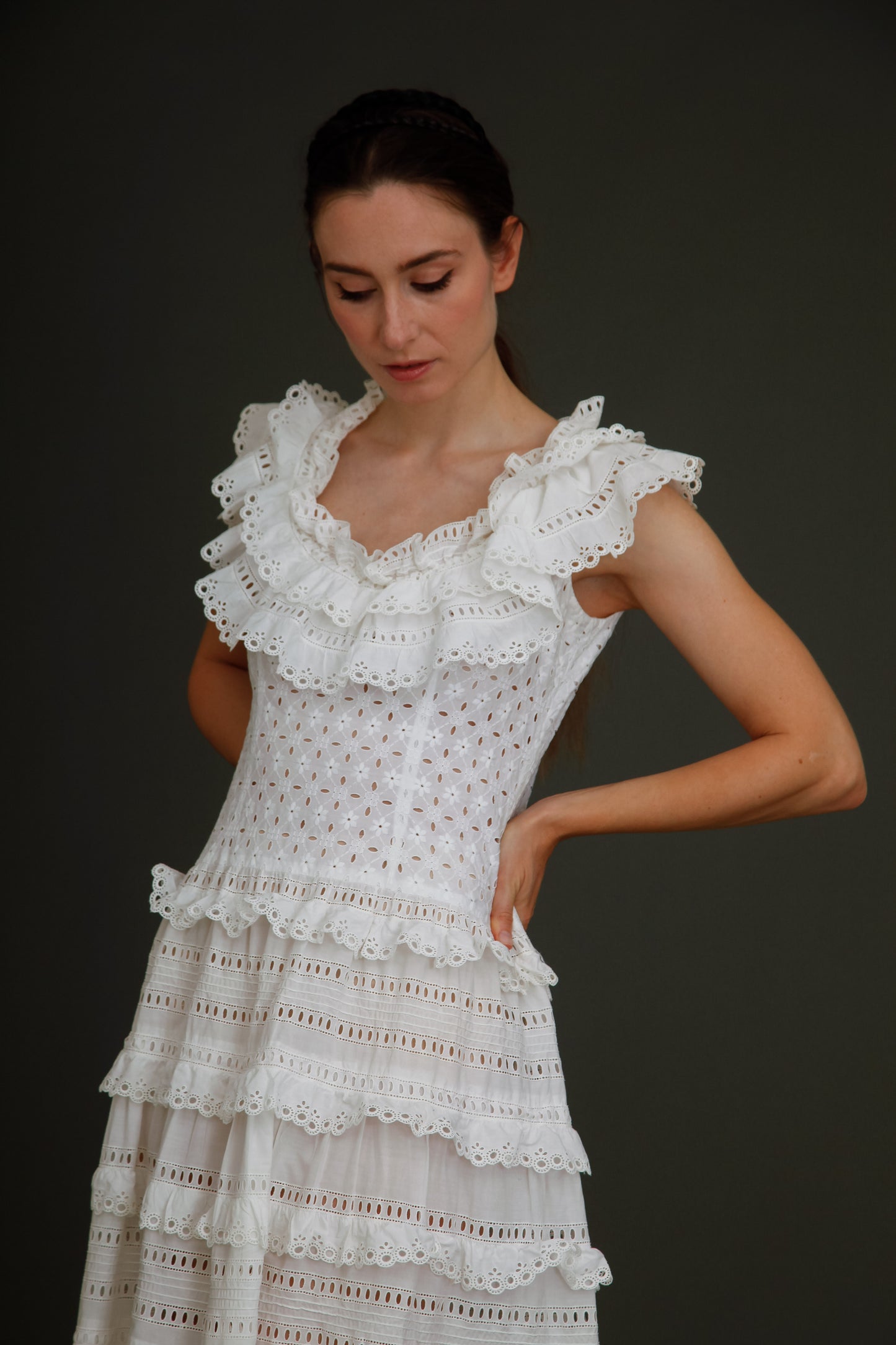 1970 Broderie Anglais White Ruffles Maxi Dress
