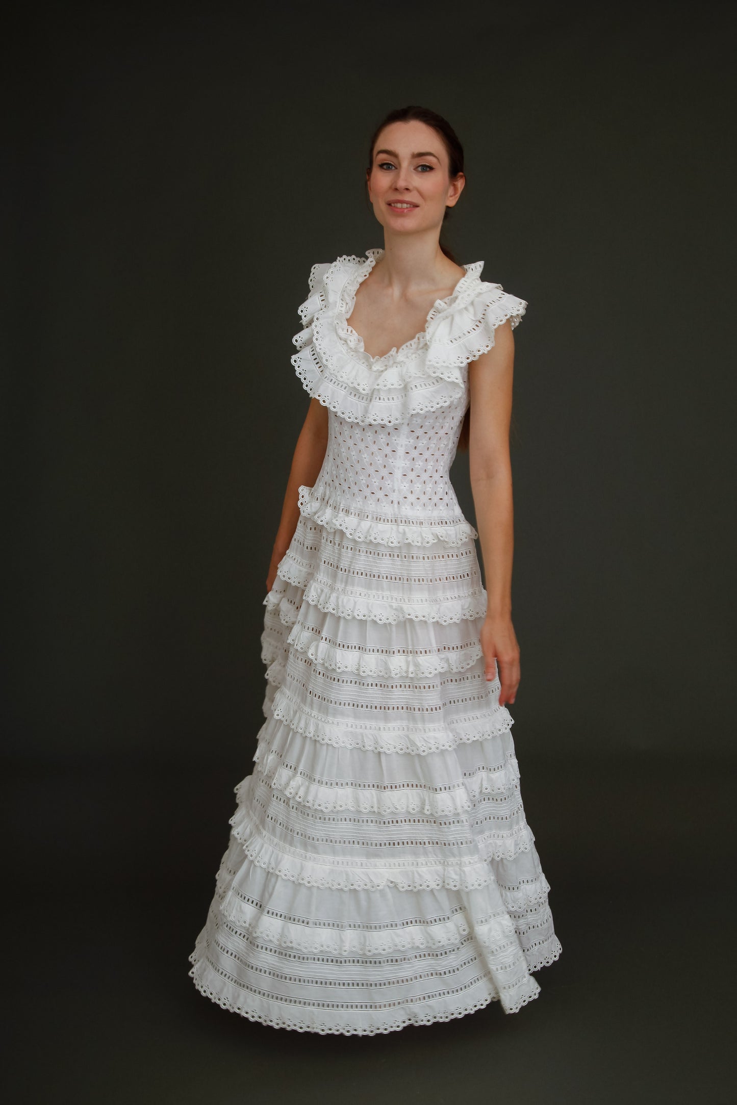 1970 Broderie Anglais White Ruffles Maxi Dress