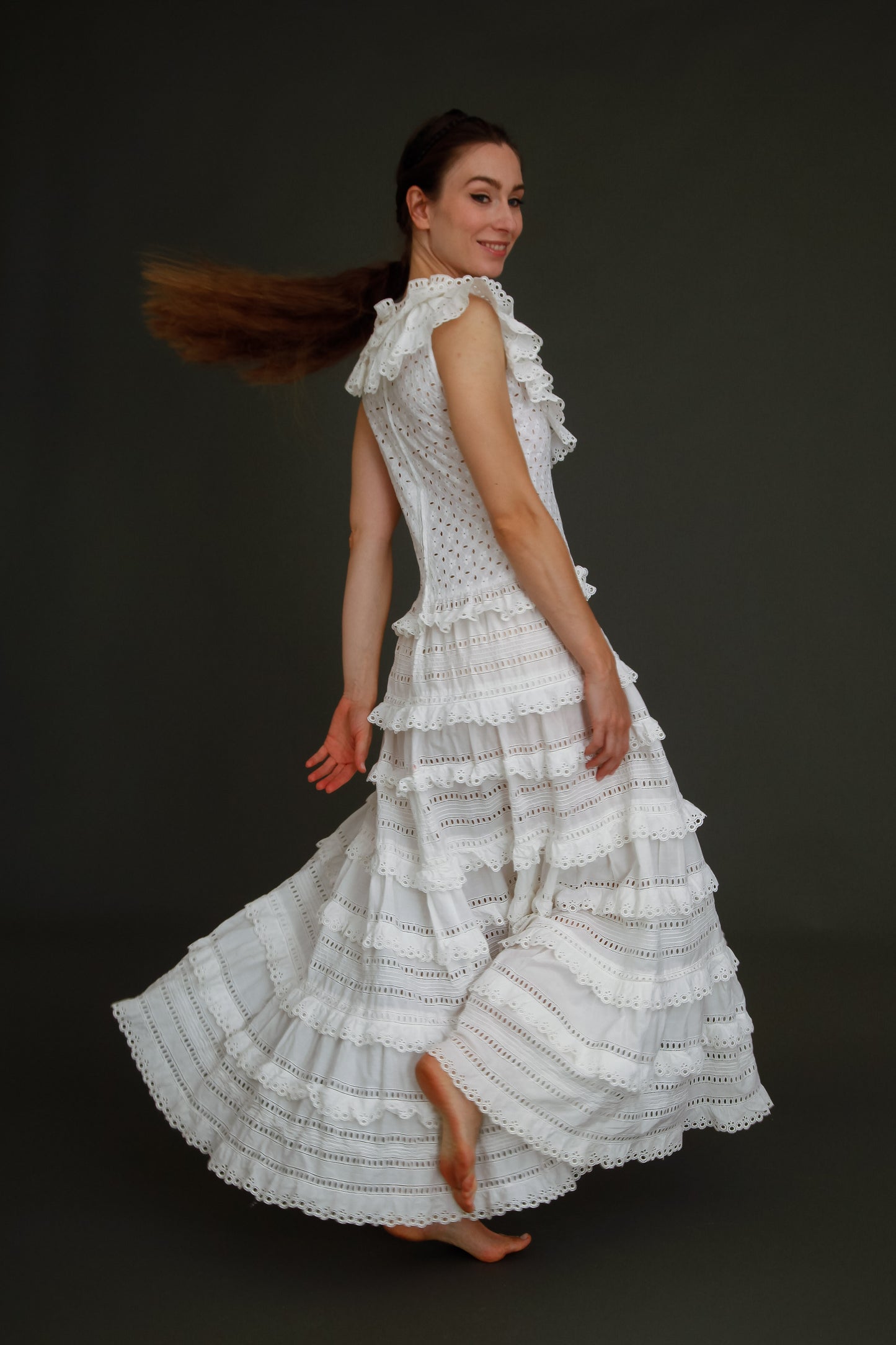 1970 Broderie Anglais White Ruffles Maxi Dress