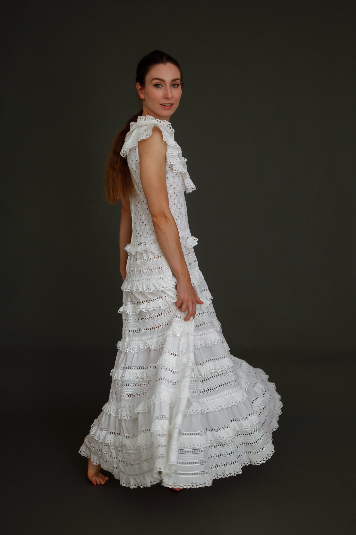 1970 Broderie Anglais White Ruffles Maxi Dress