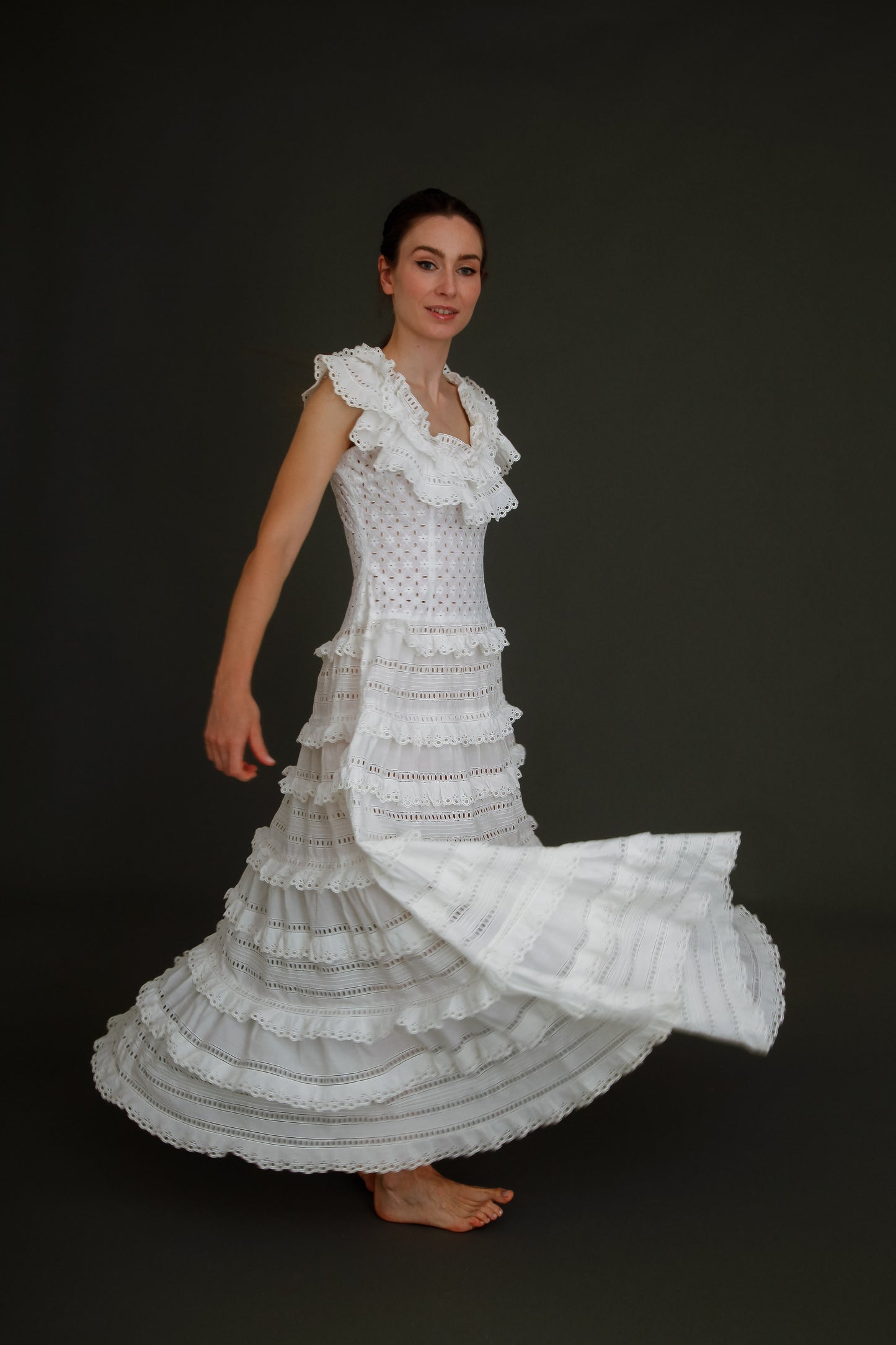 1970 Broderie Anglais White Ruffles Maxi Dress