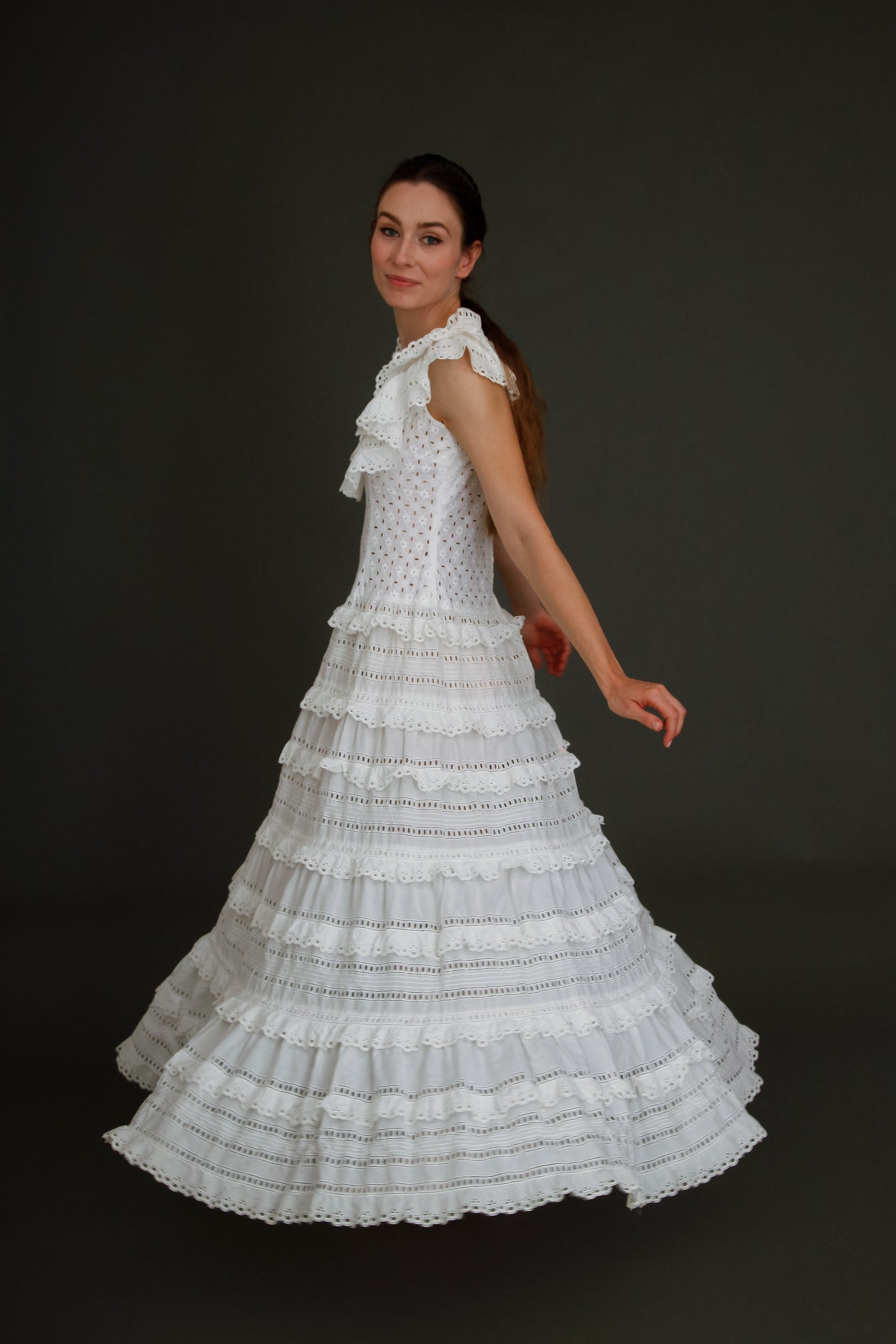 1970 Broderie Anglais White Ruffles Maxi Dress