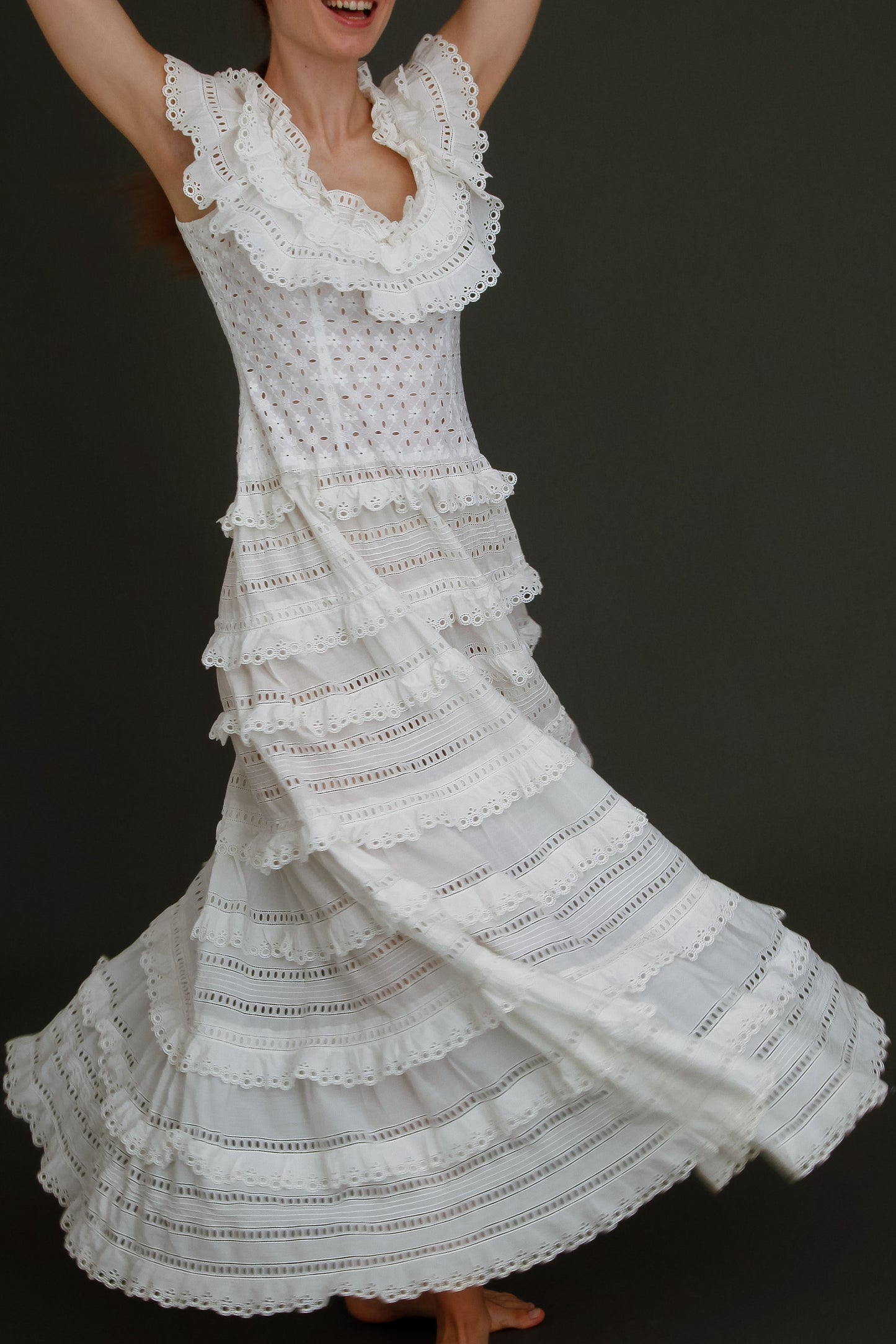 1970 Broderie Anglais White Ruffles Maxi Dress