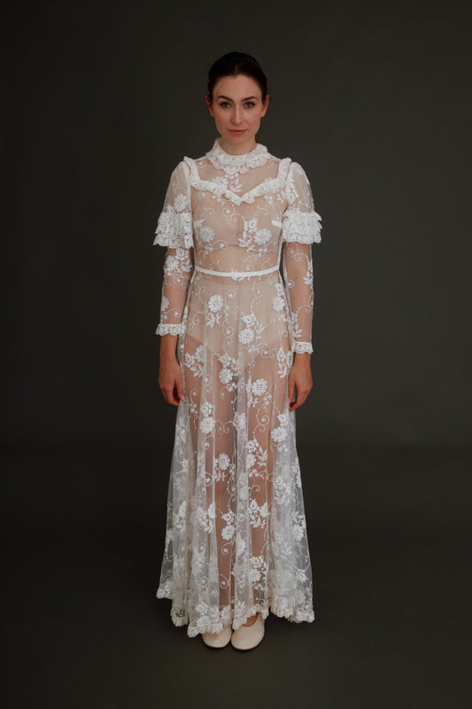 1970 White Lace Boho Long Dress