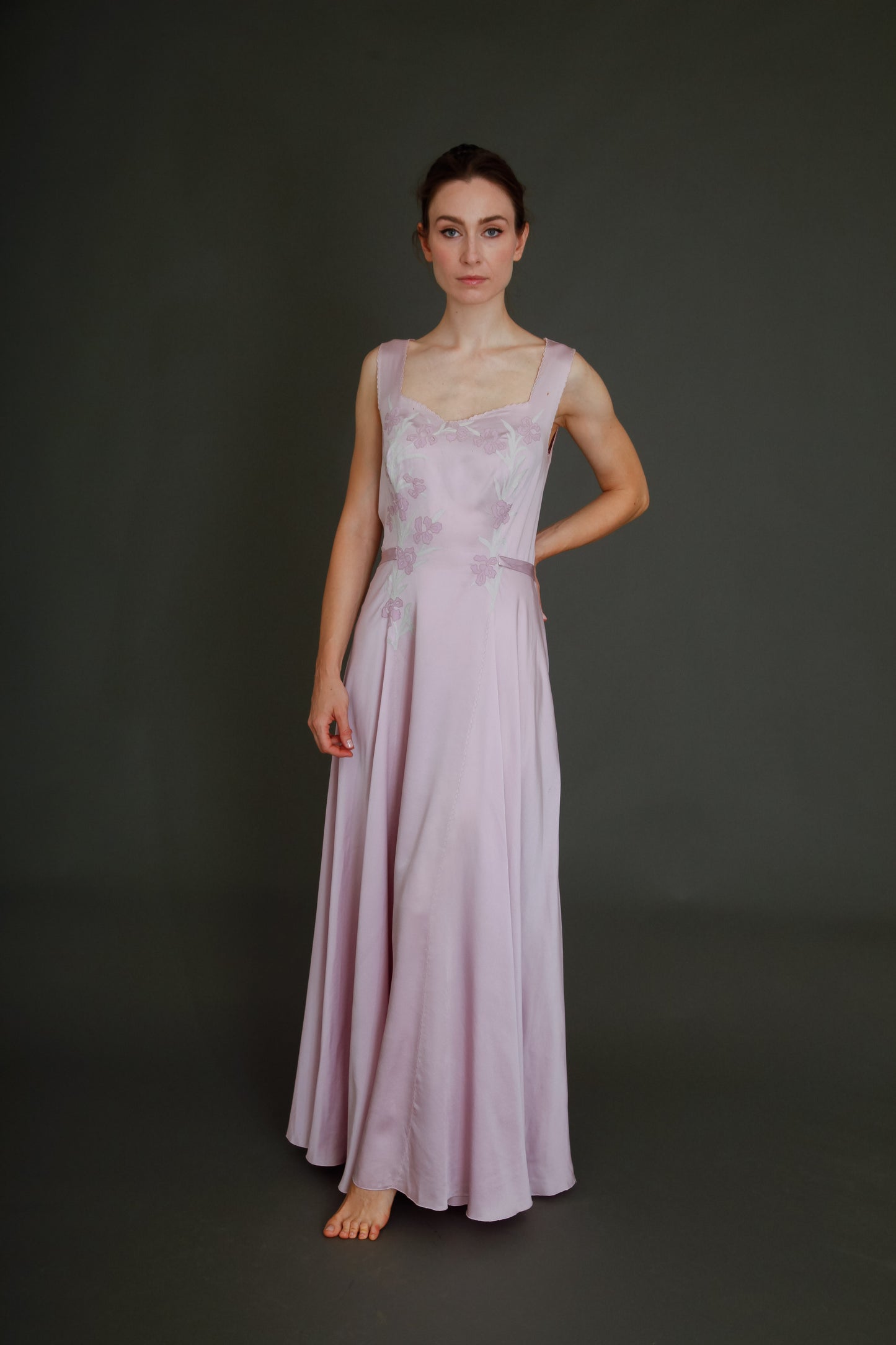 1930 Silk Satin Gown with Ebroidered Flowers