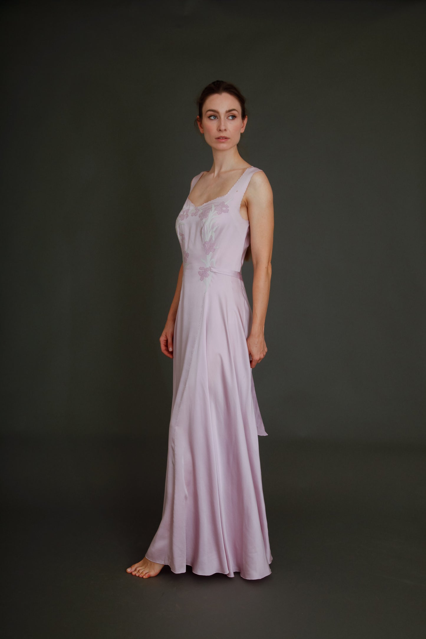 1930 Silk Satin Gown with Ebroidered Flowers