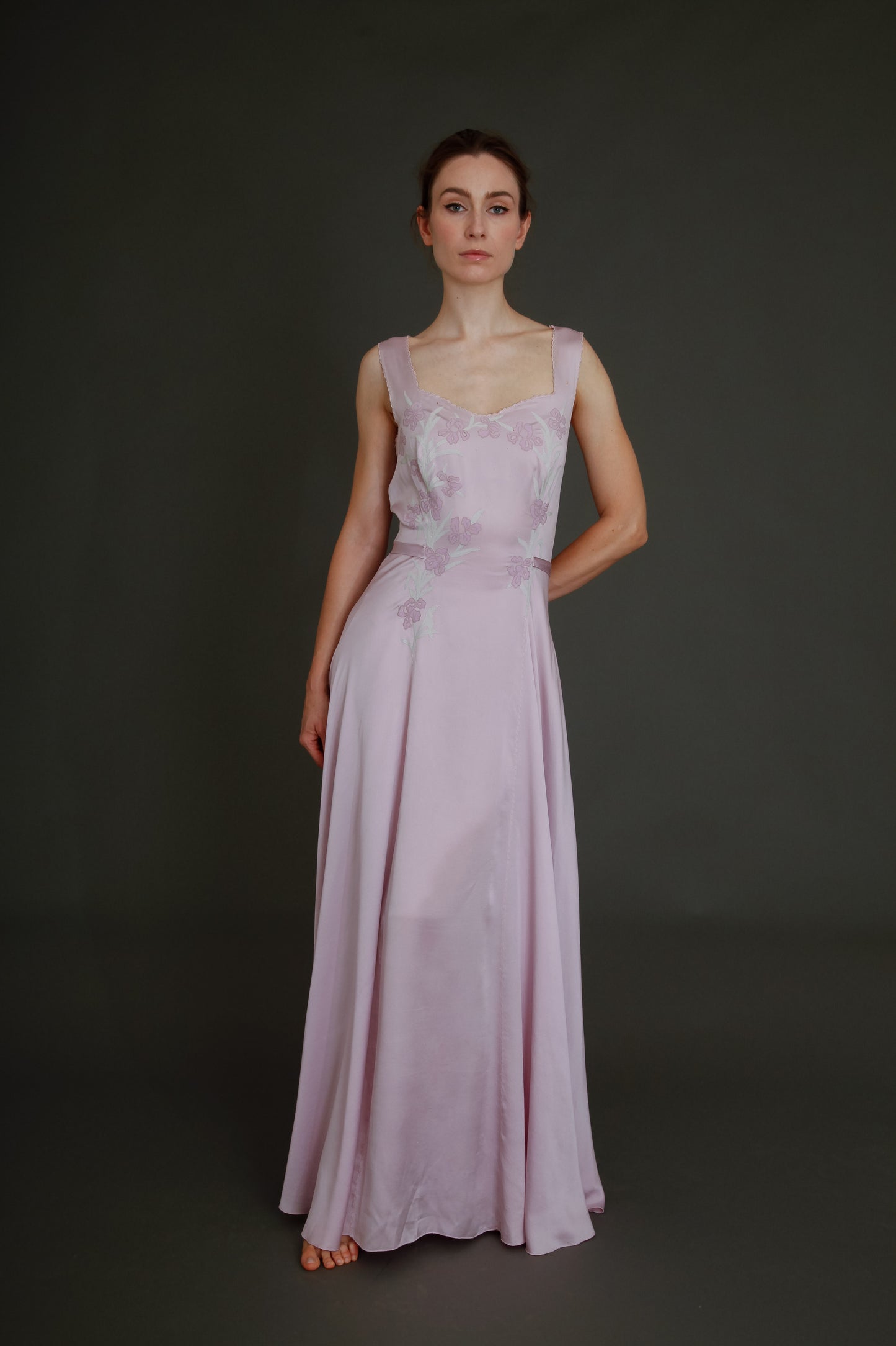1930 Silk Satin Gown with Ebroidered Flowers