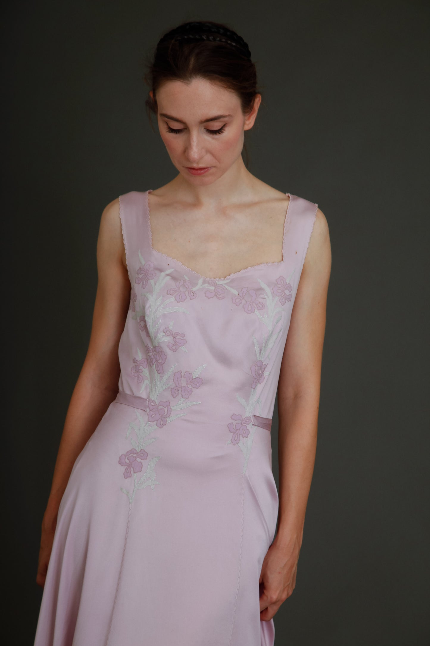 1930 Silk Satin Gown with Ebroidered Flowers
