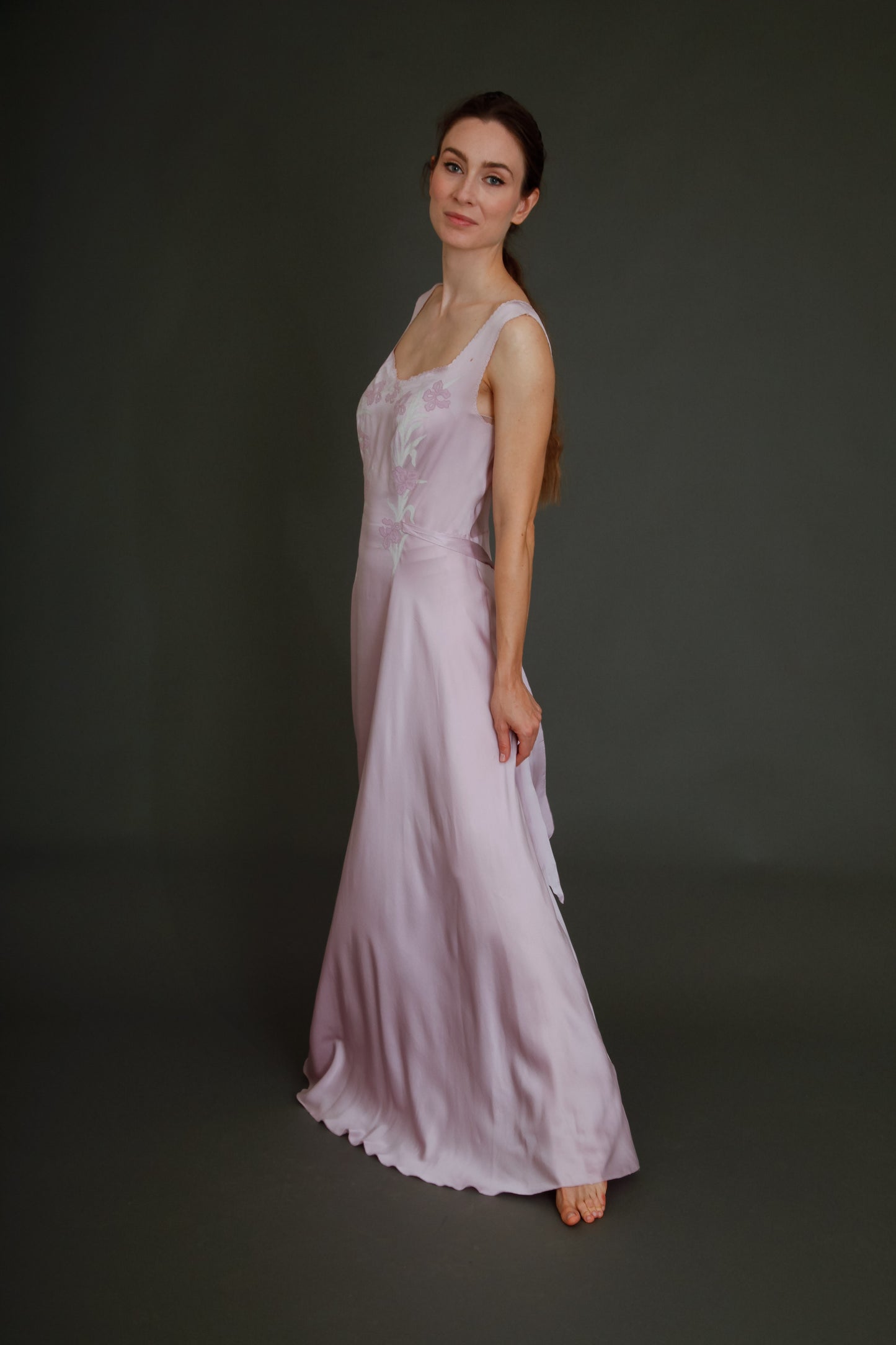 1930 Silk Satin Gown with Ebroidered Flowers
