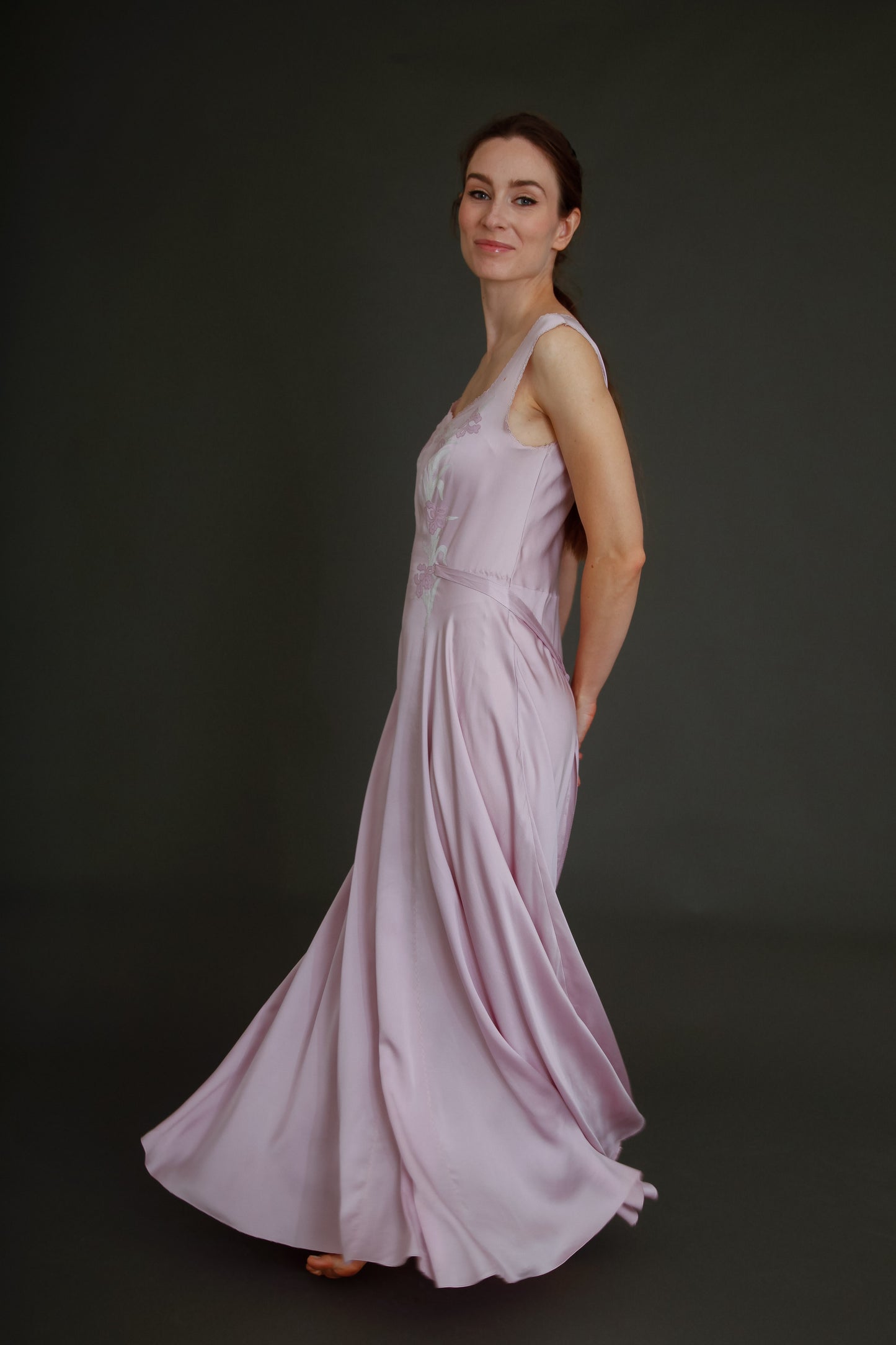 1930 Silk Satin Gown with Ebroidered Flowers