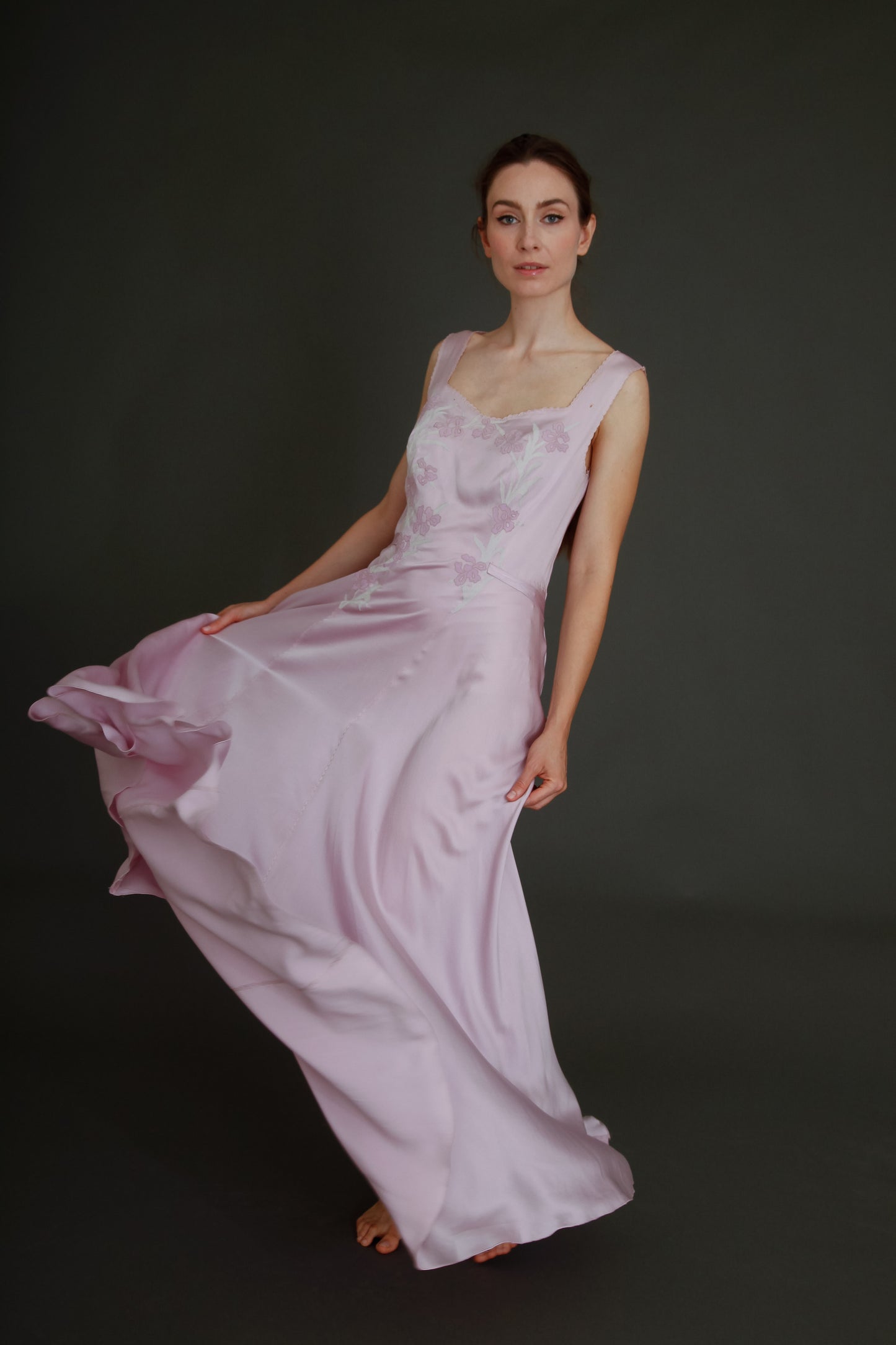 1930 Silk Satin Gown with Ebroidered Flowers