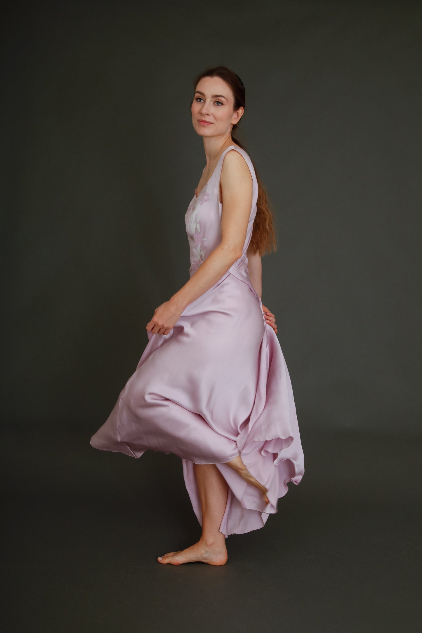1930 Silk Satin Gown with Ebroidered Flowers