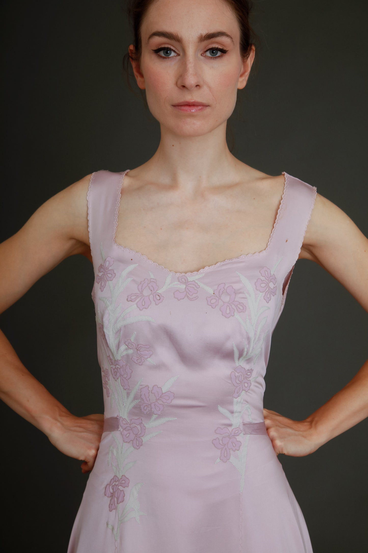 1930 Silk Satin Gown with Ebroidered Flowers