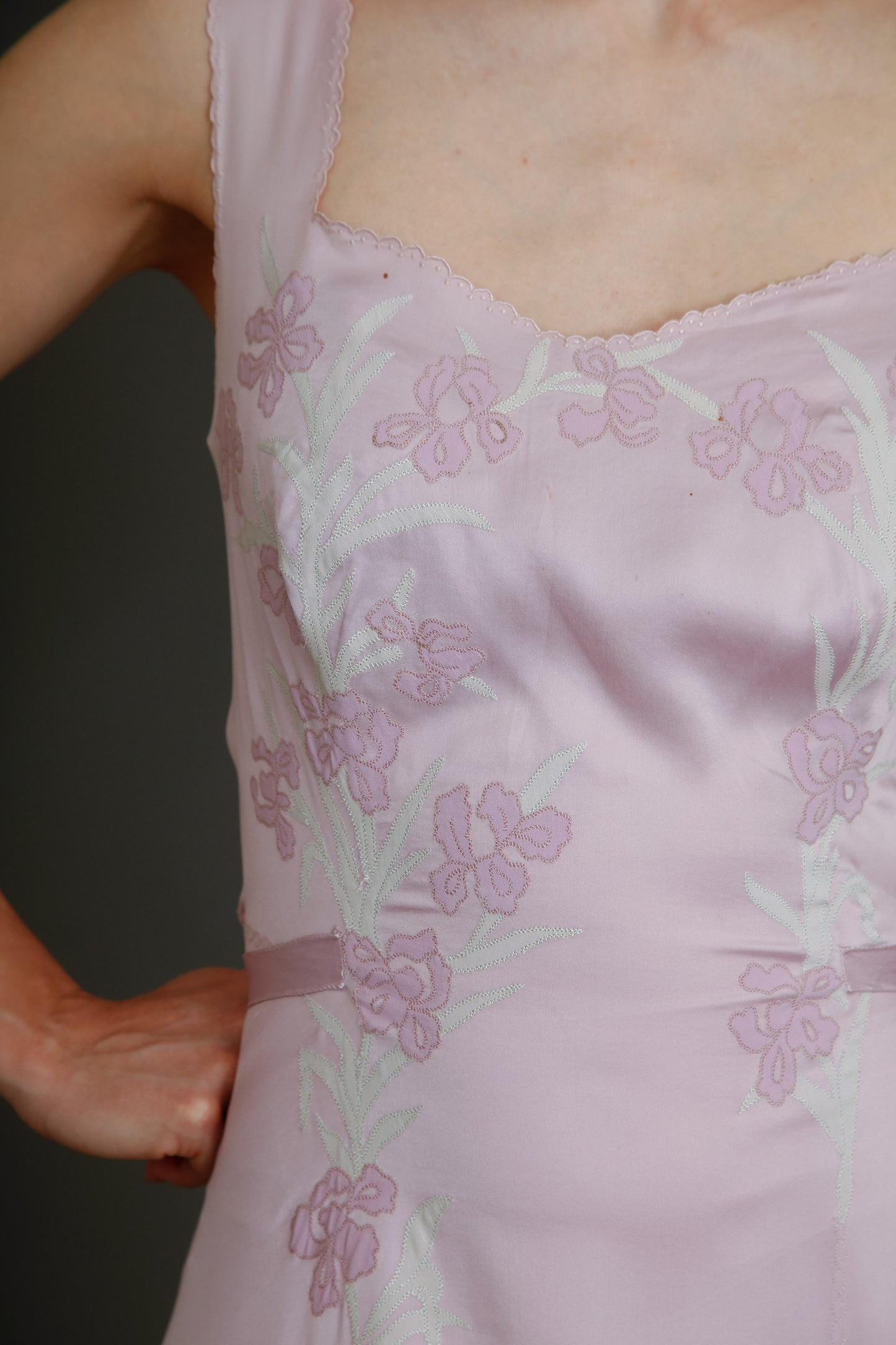 1930 Silk Satin Gown with Ebroidered Flowers