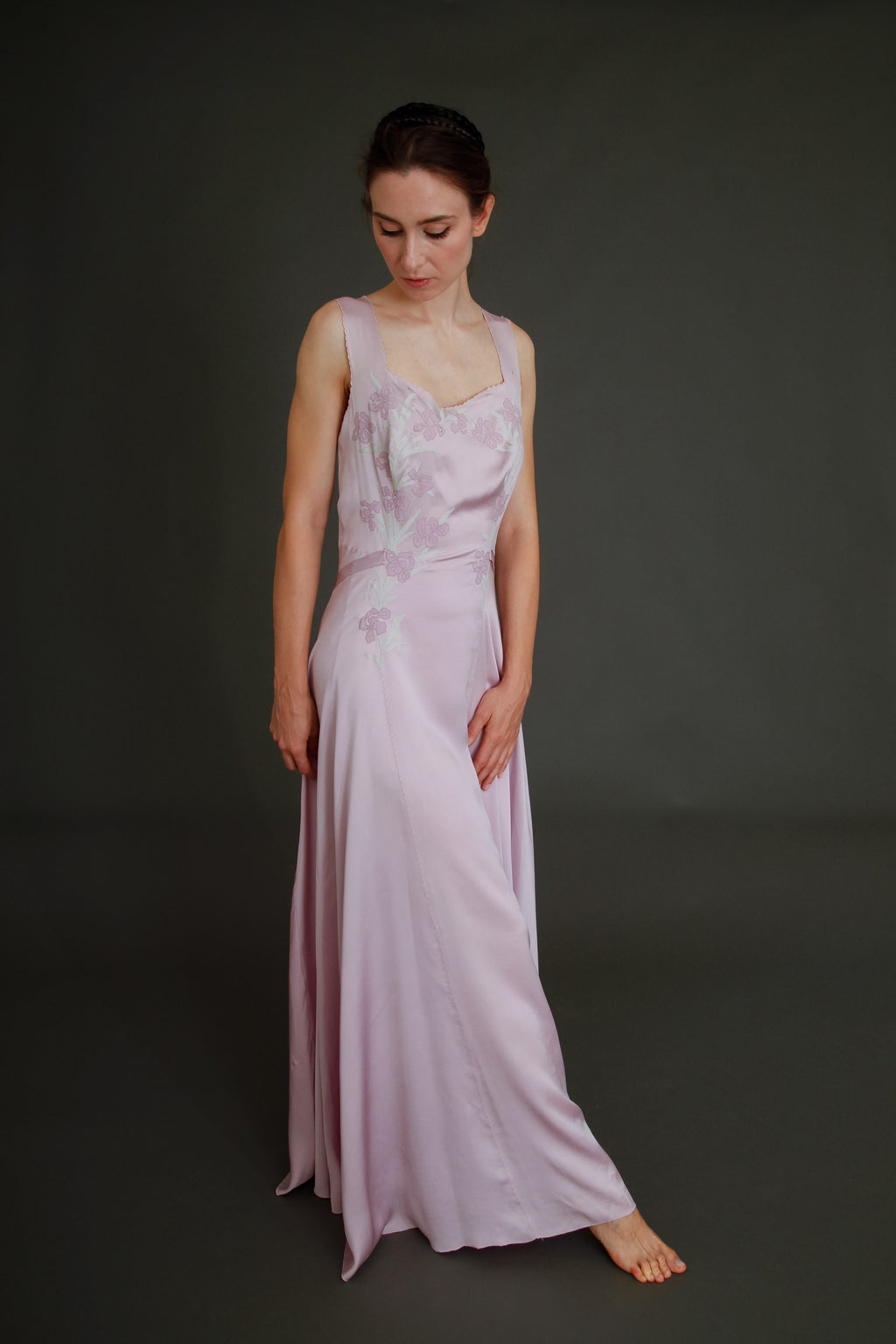1930 Silk Satin Gown with Ebroidered Flowers